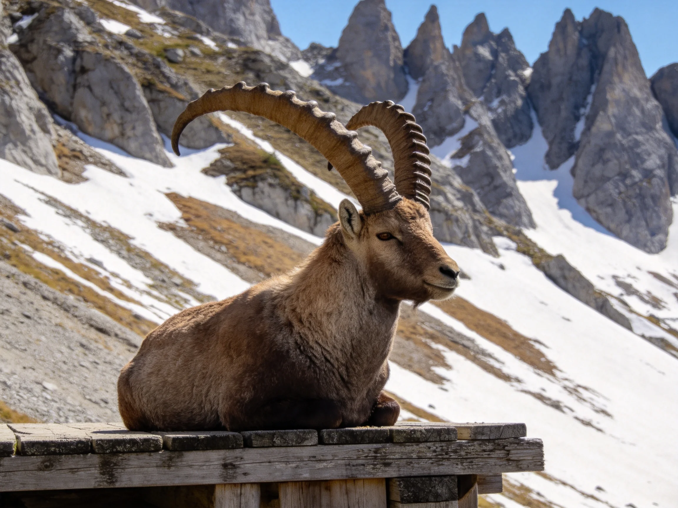 A horned goat rests on a wooden platform amid rocky mountain terrain.