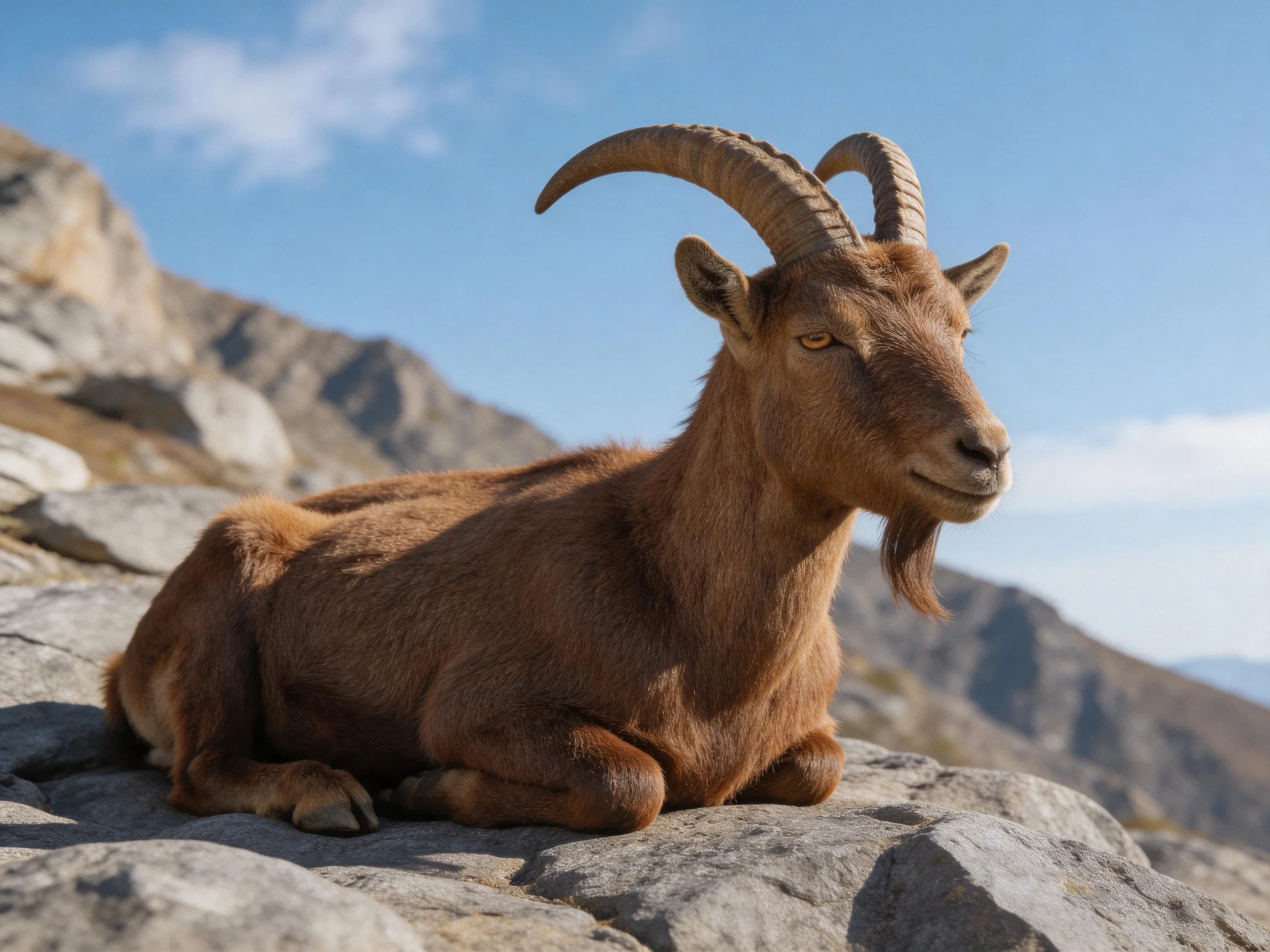 A brown horned goat relaxes on rocky terrain among mountains.