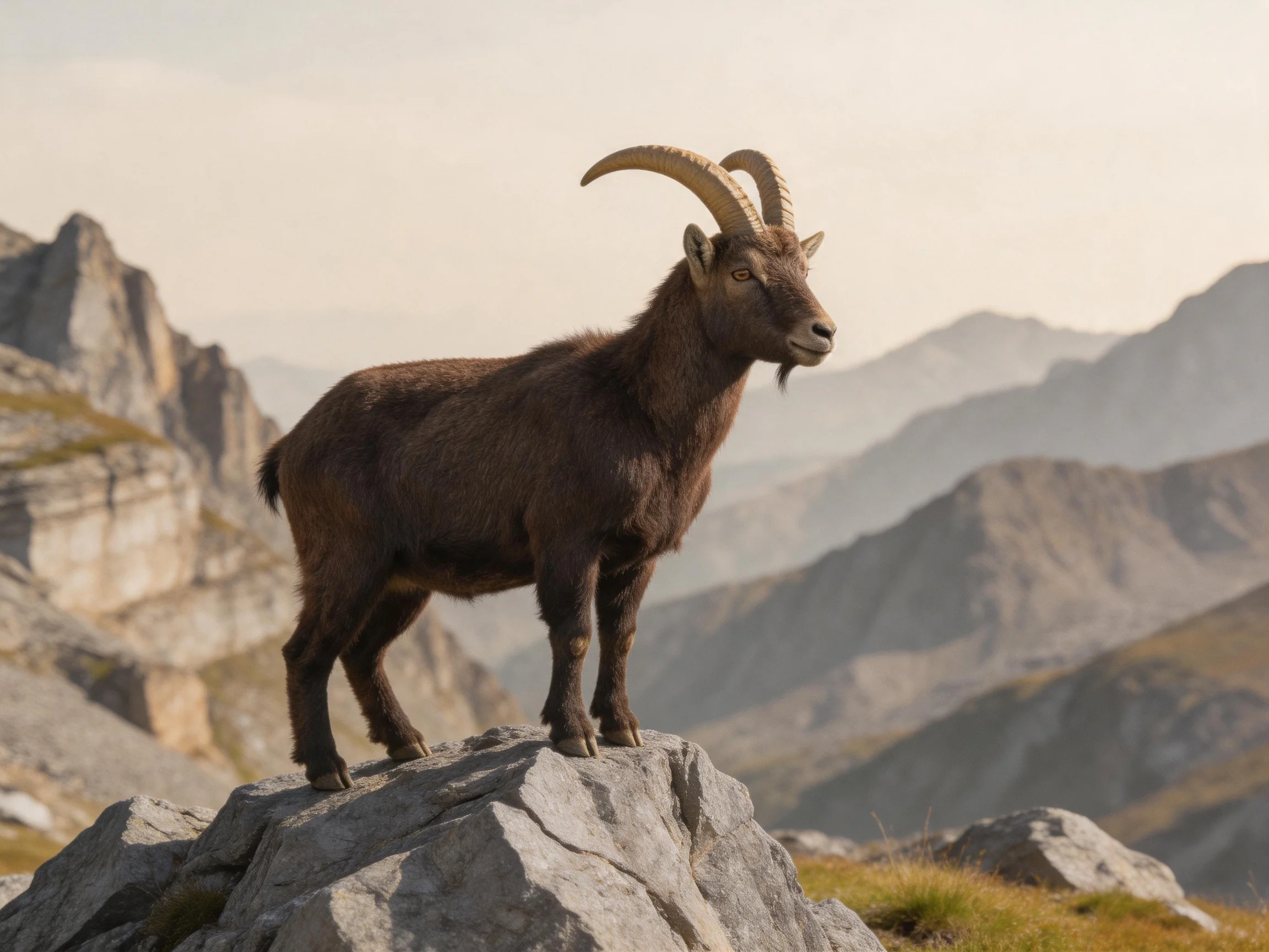 A brown horned goat stands atop a rocky peak in mountainous terrain