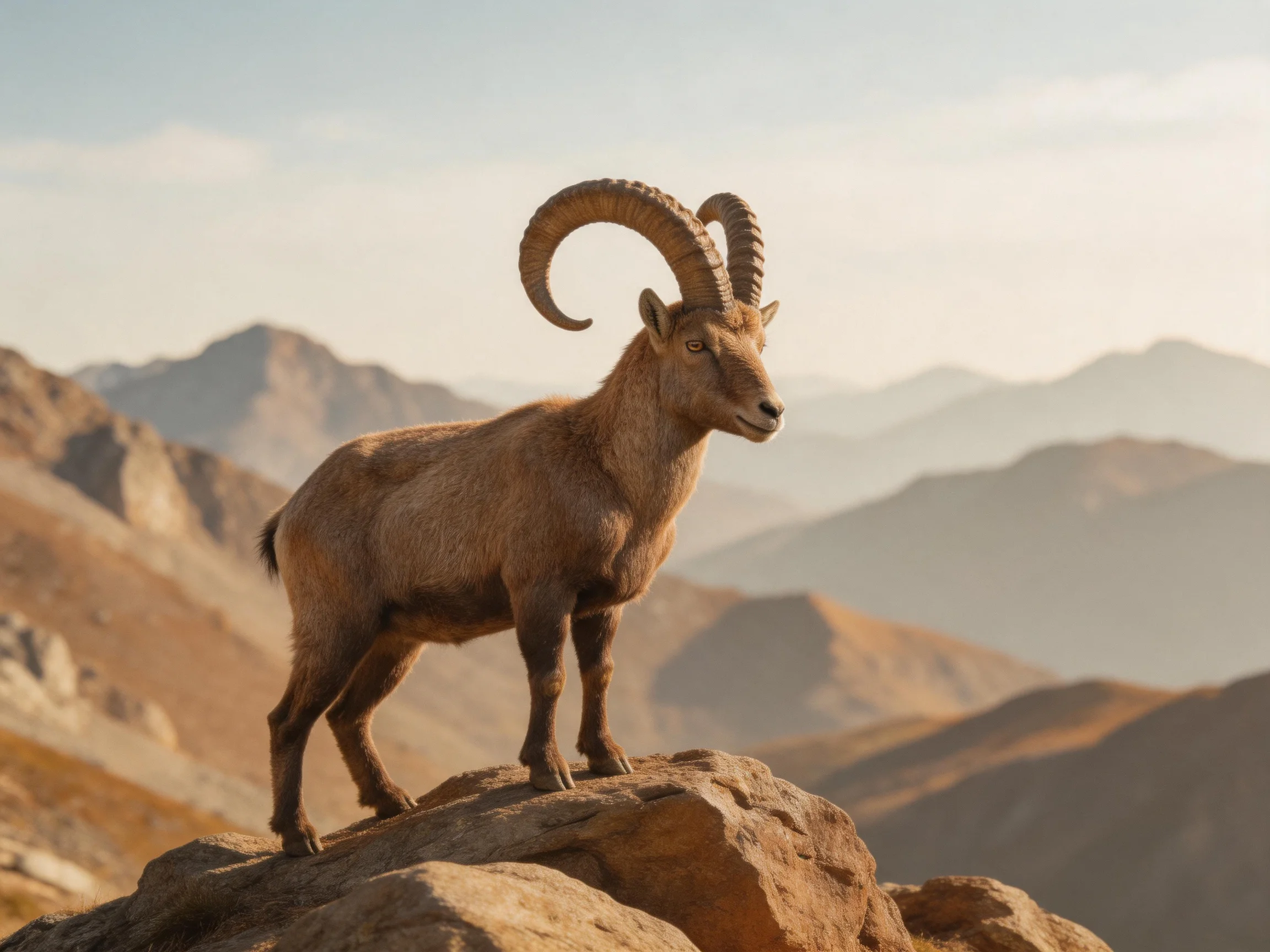 A brown-horned goat stands atop rocky terrain near mountain ranges