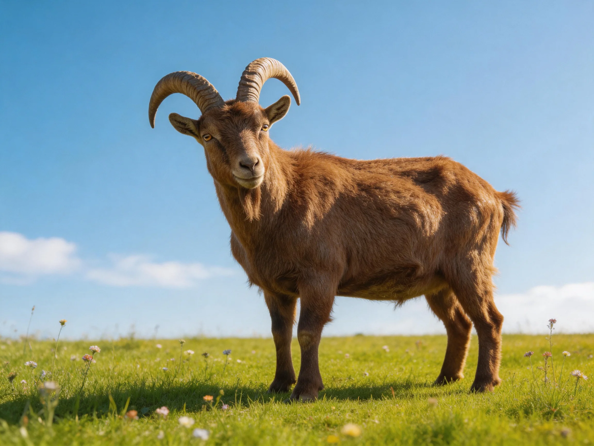 A brown horned goat stands in a flowered green meadow under a clear blue sky