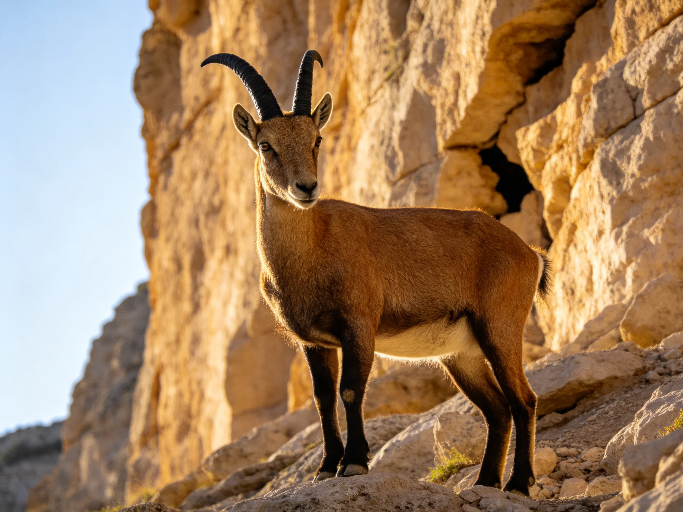 A brown-horned goat stands near textured stone cliffs
