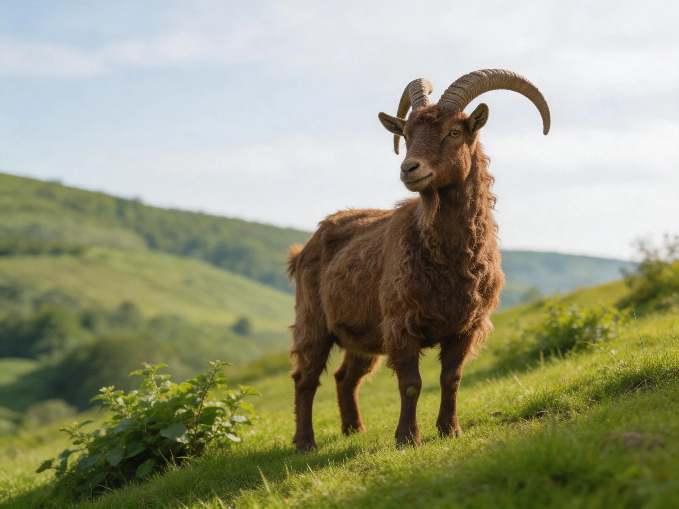 A brown horned goat stands on a lush green hillside