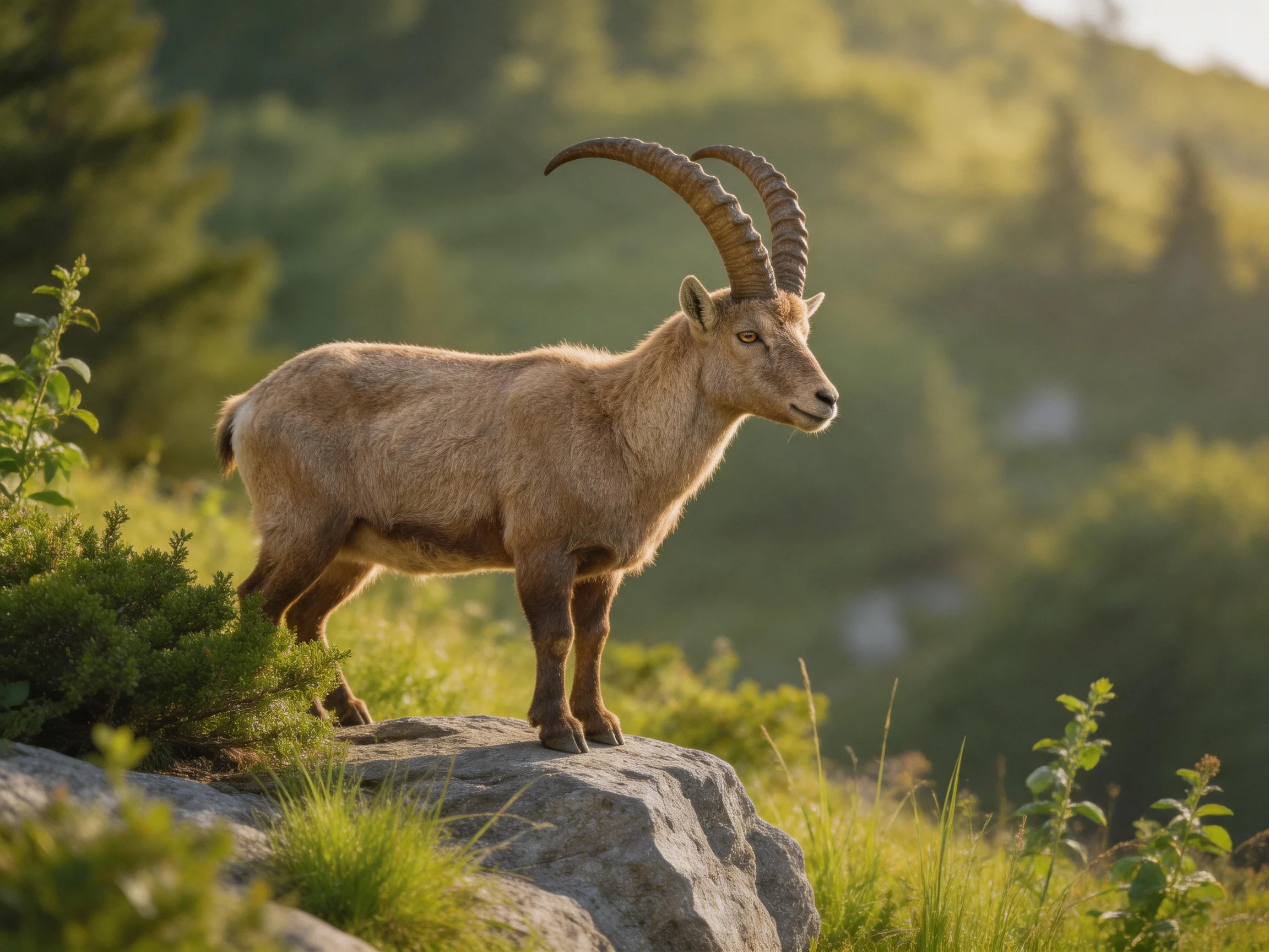 A brown-horned goat stands on a rocky outcrop among green vegetation