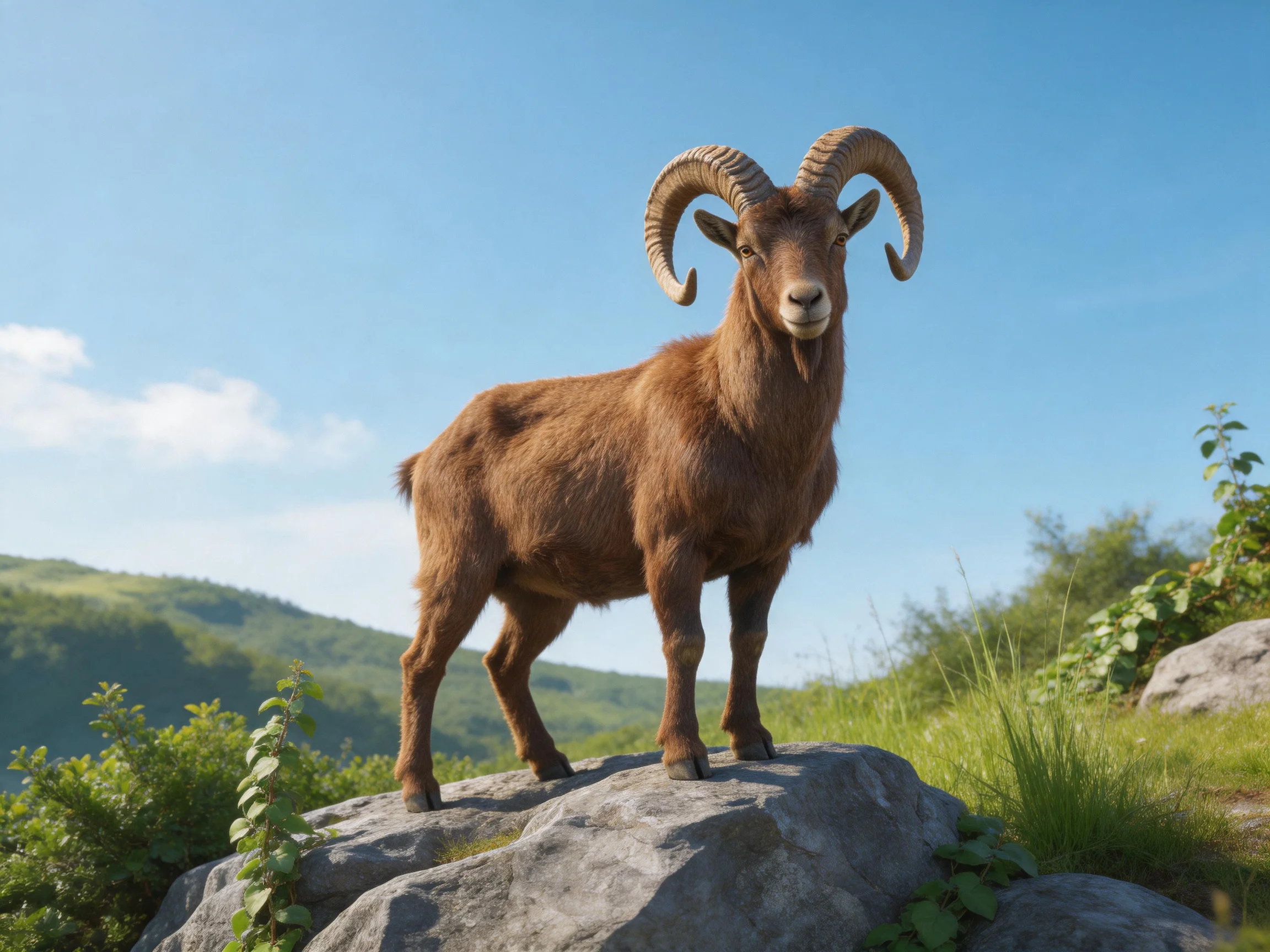 A brown horned goat stands on a rocky outcrop in a sunlit green landscape.