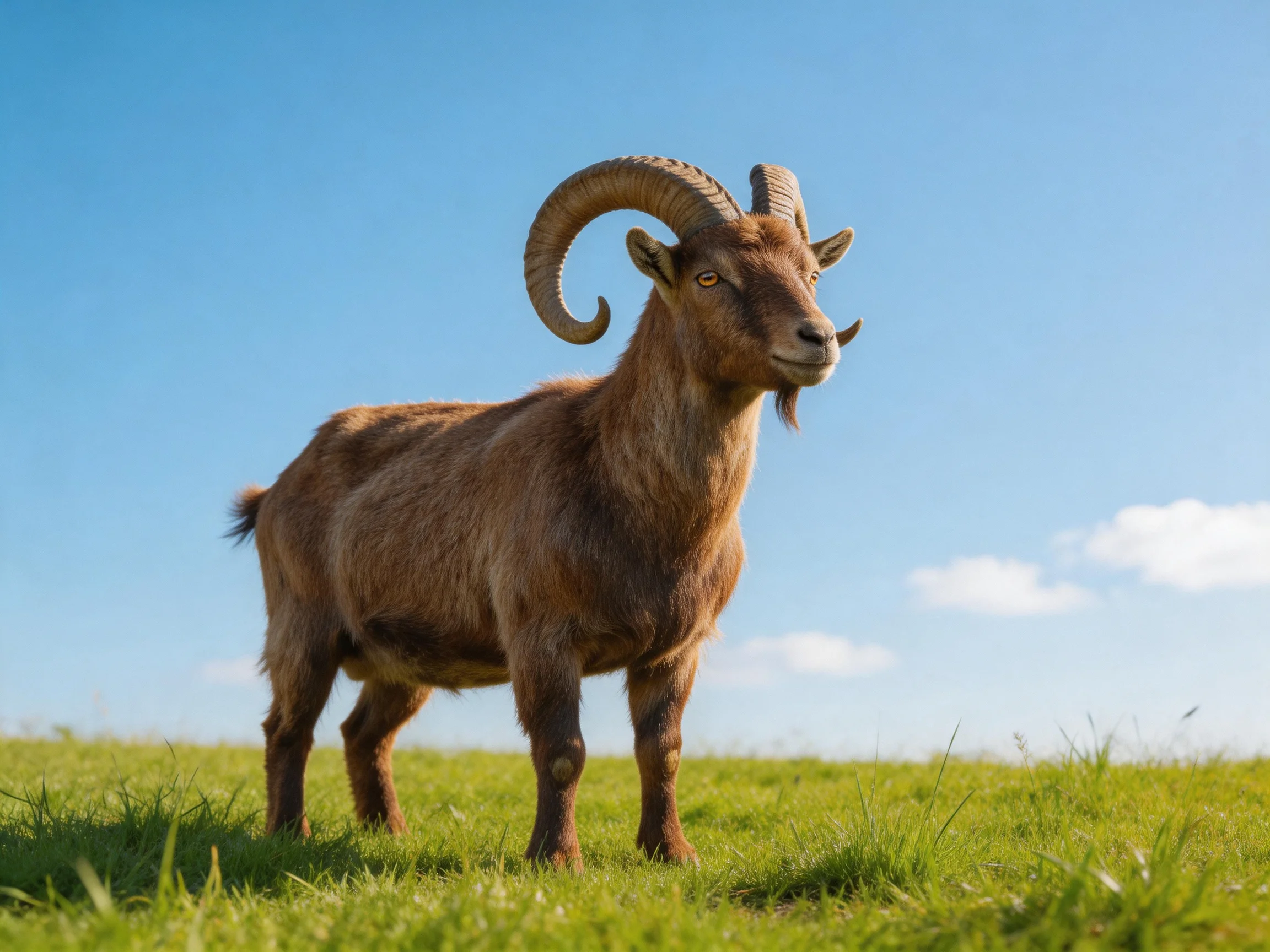 A brown horned goat stands on a grassy field under a bright blue sky.