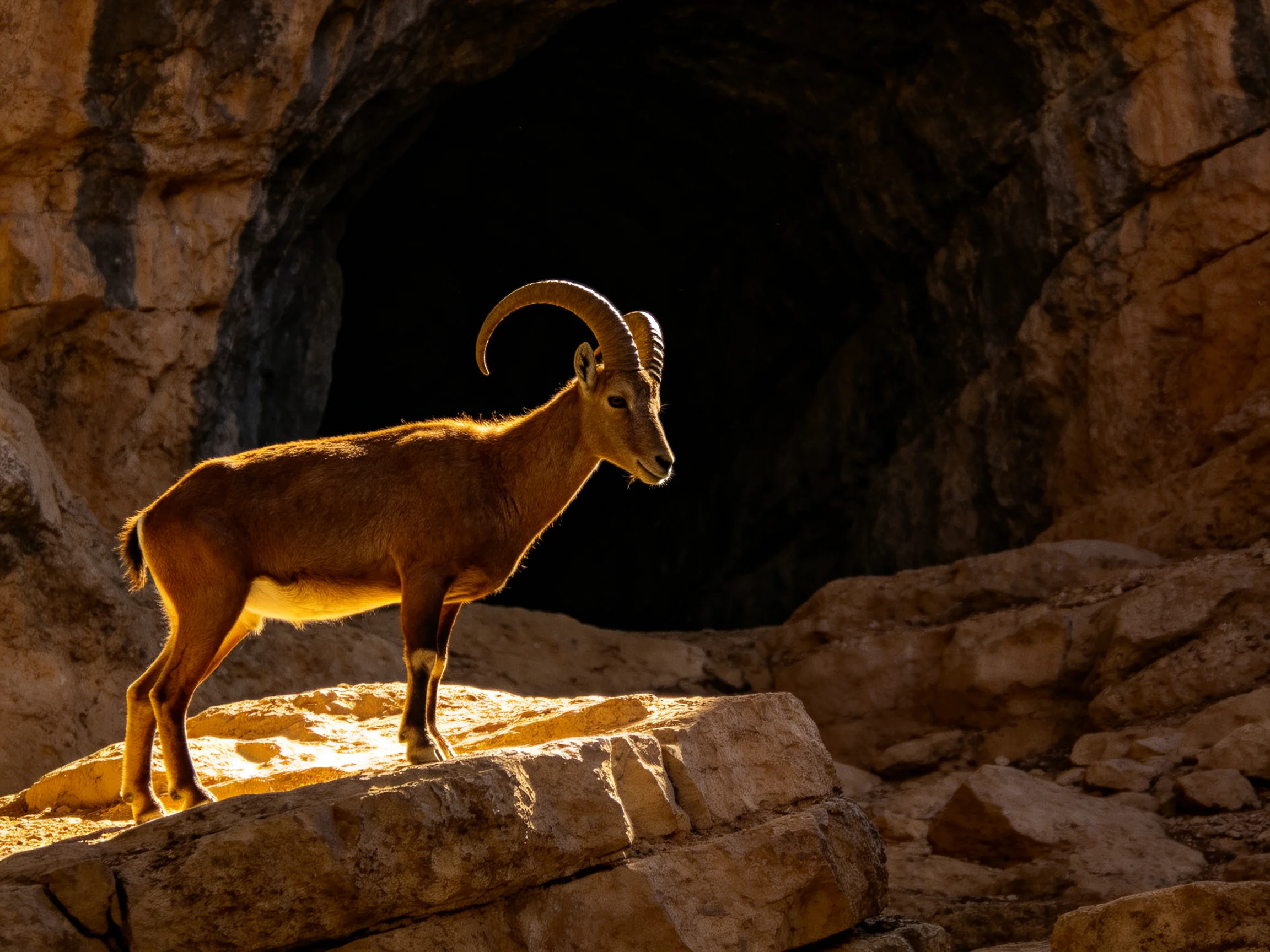A brown-horned goat stands on rocky terrain near a dark cave entrance