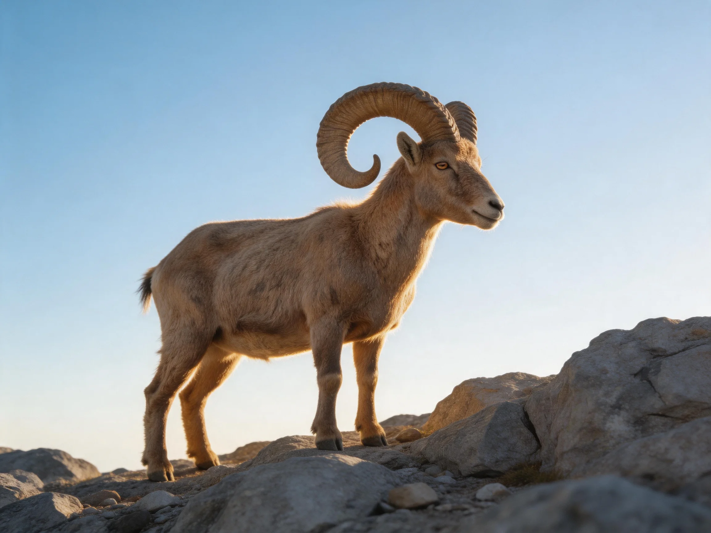 A brown horned goat stands on rocky terrain under clear blue sky