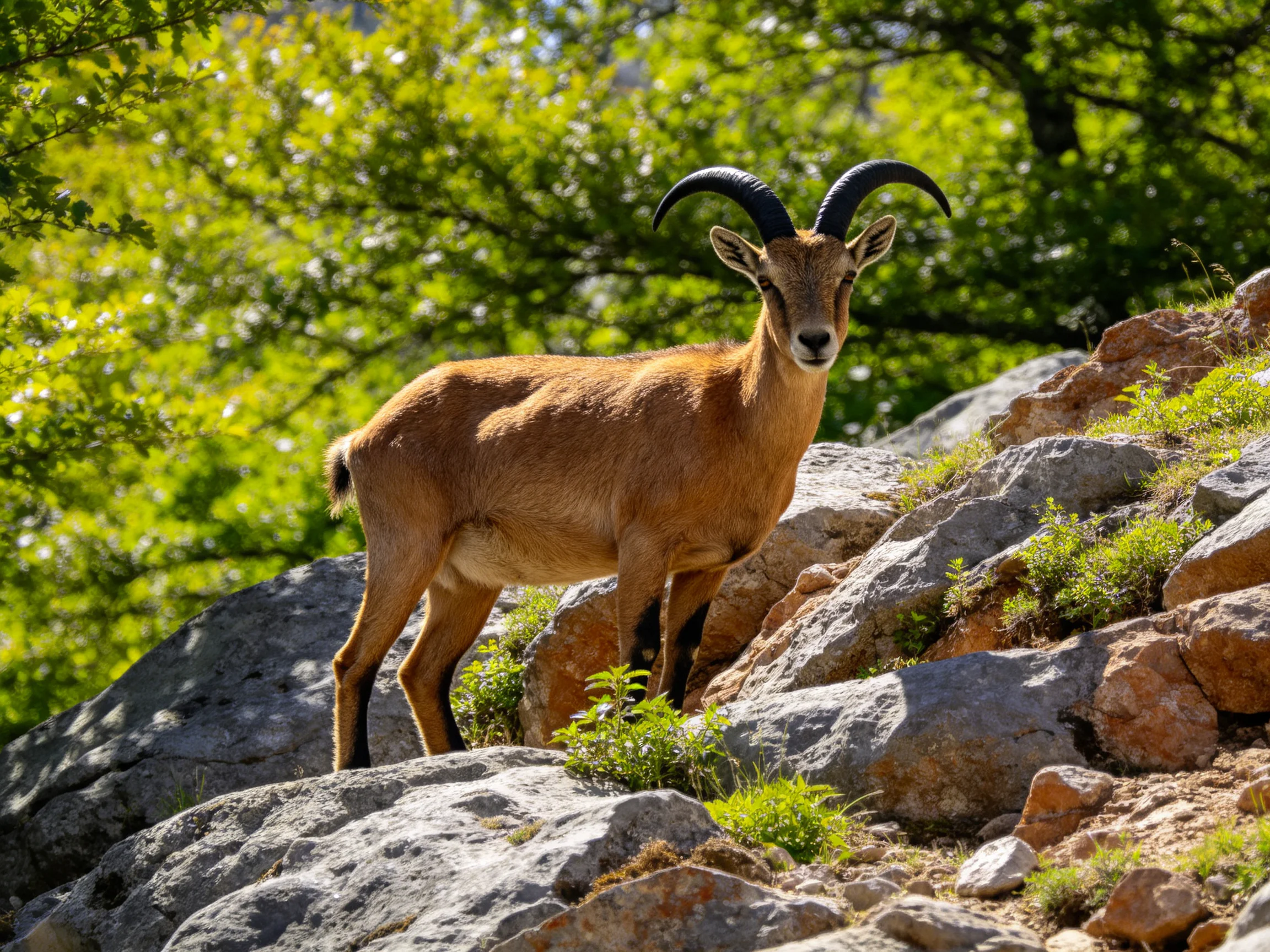 A brown-horned goat stands on rocky terrain with green foliage