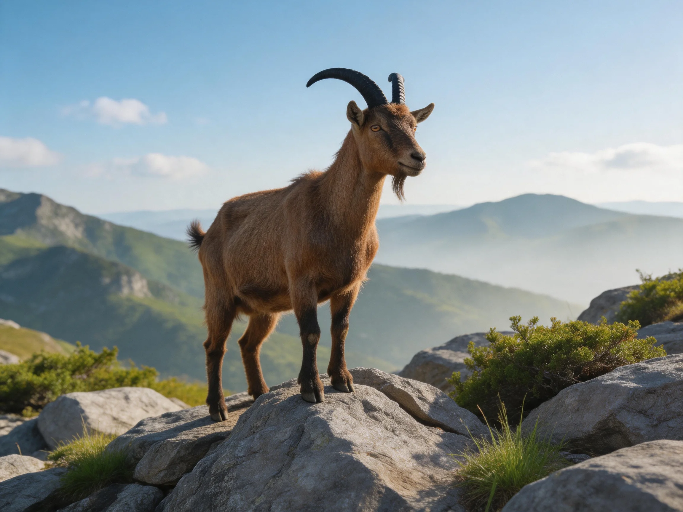 A brown goat stands on rocky terrain with misty mountains in the background.