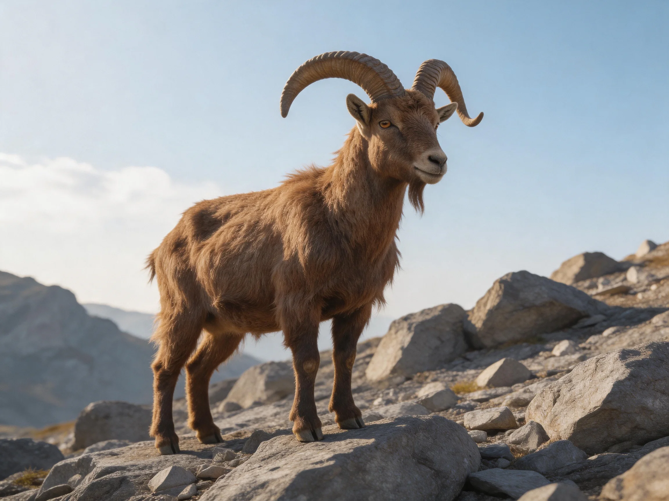 A brown-horned goat stands on rugged gray mountain rocks