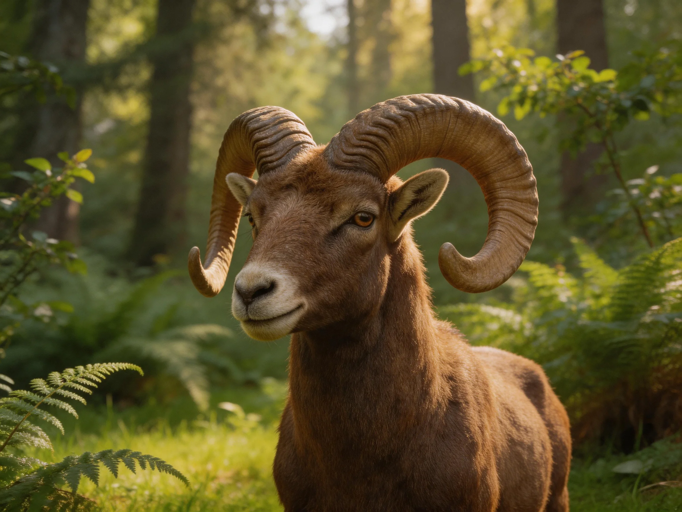 A brown-horned ram with large curved horns in a sunlit forest