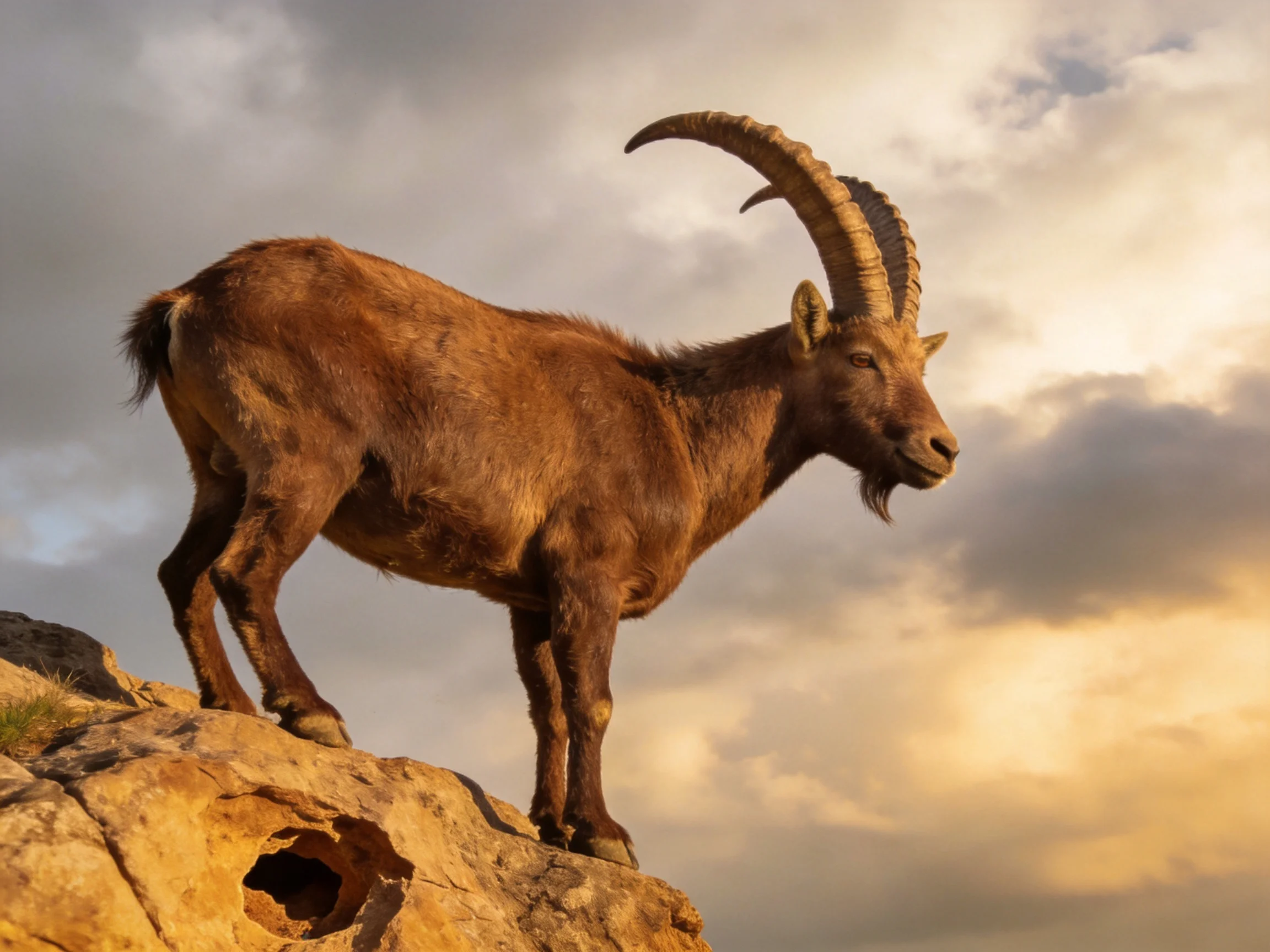 A brown hornedgoat perched on a rocky outcrop under dramatic clouds