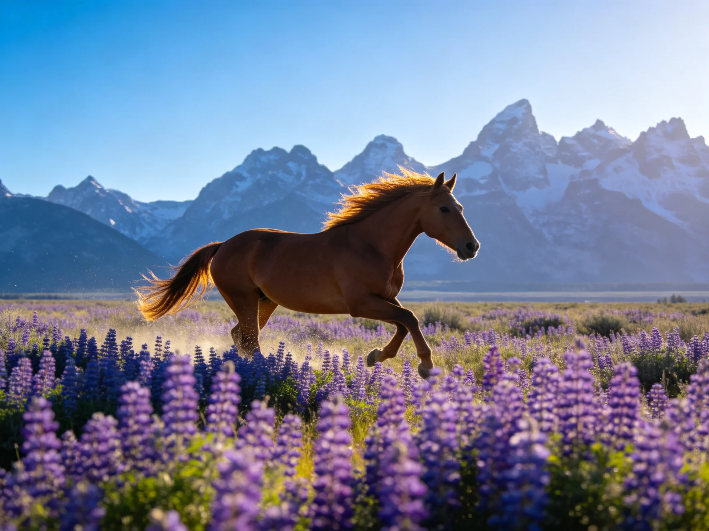 A brown horse gallops through a field of purple flowers with snow - capped mountains in the distance.