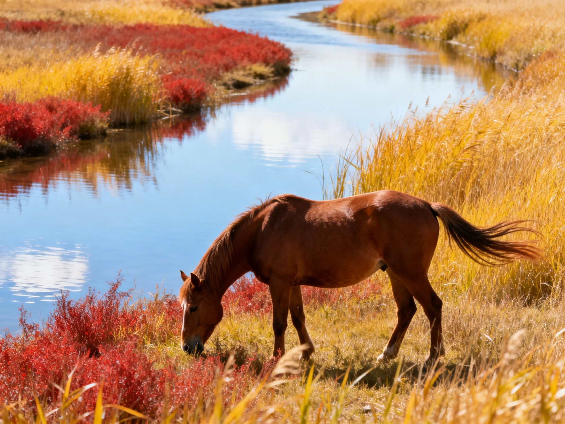 A brown horse grazes near a calm stream surrounded by autumn-colored vegetation.