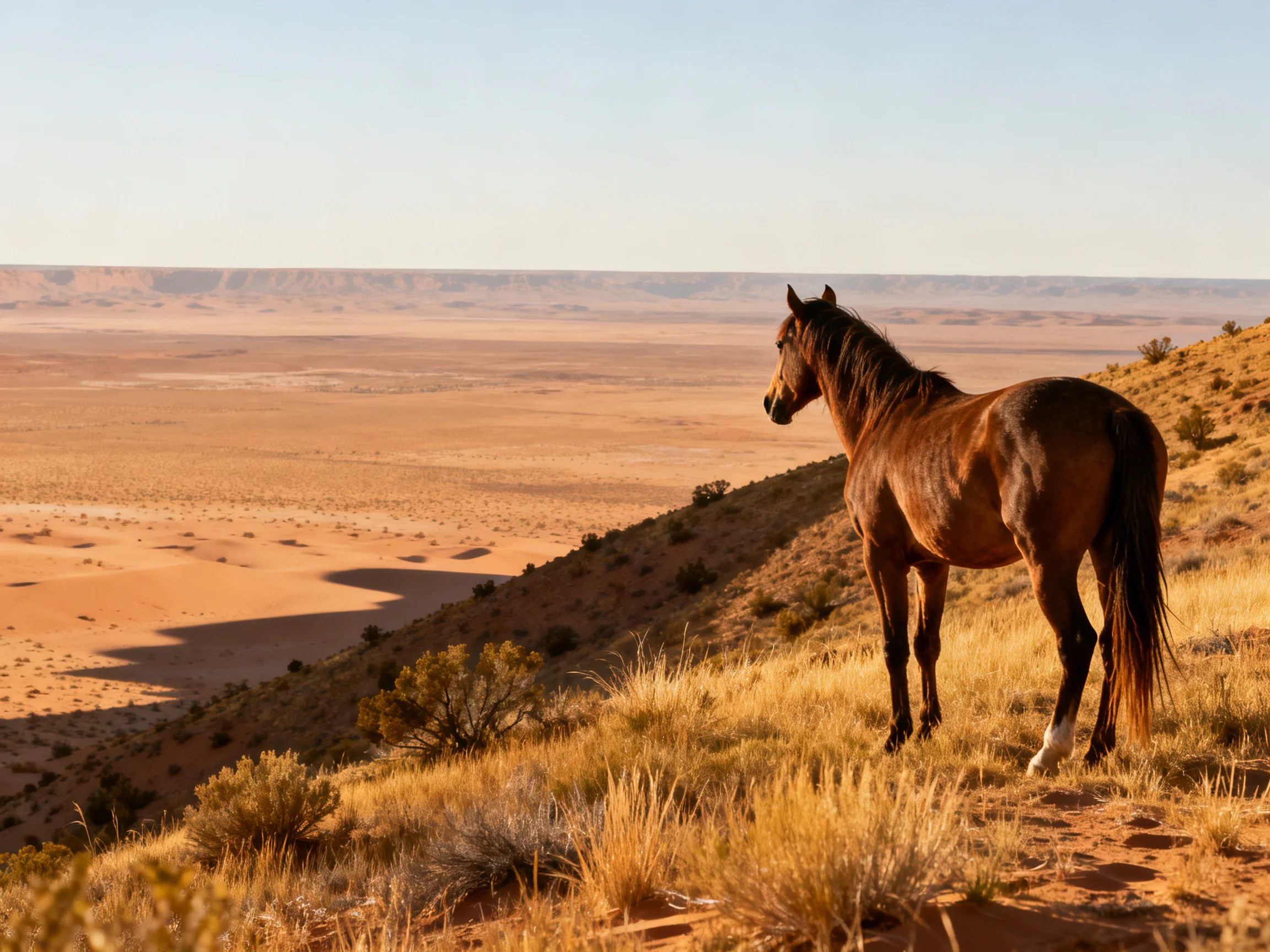 A brown horse stands atop a golden hillside overlooking vast desert terrain