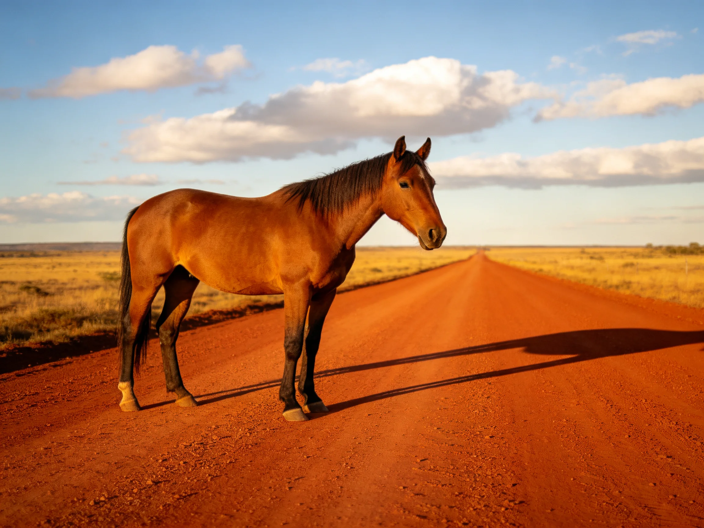 A brown horse stands alone on a long red dirt road in an open landscape.