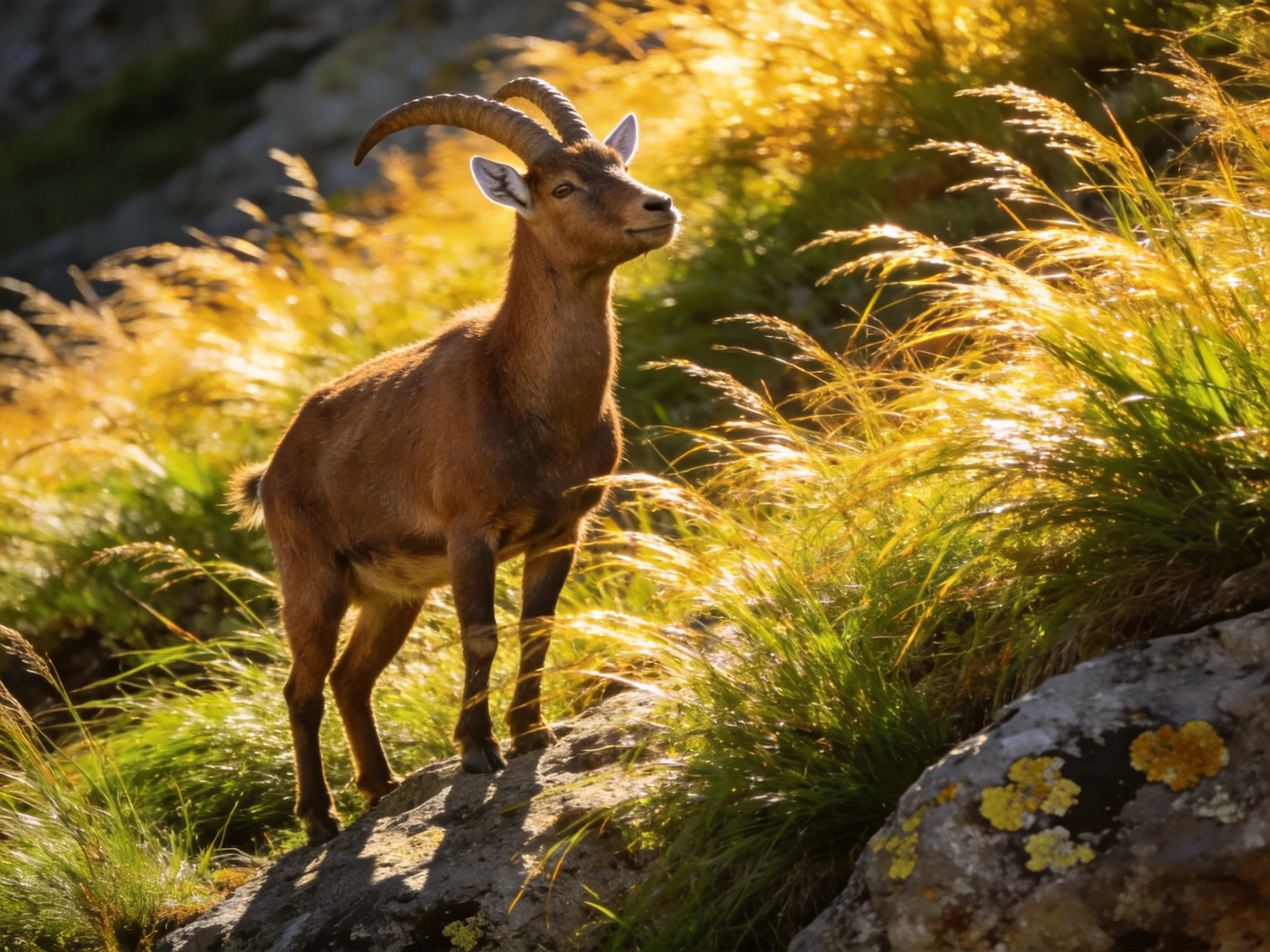 A brown ibex stands on a rocky outcrop amid golden grass.