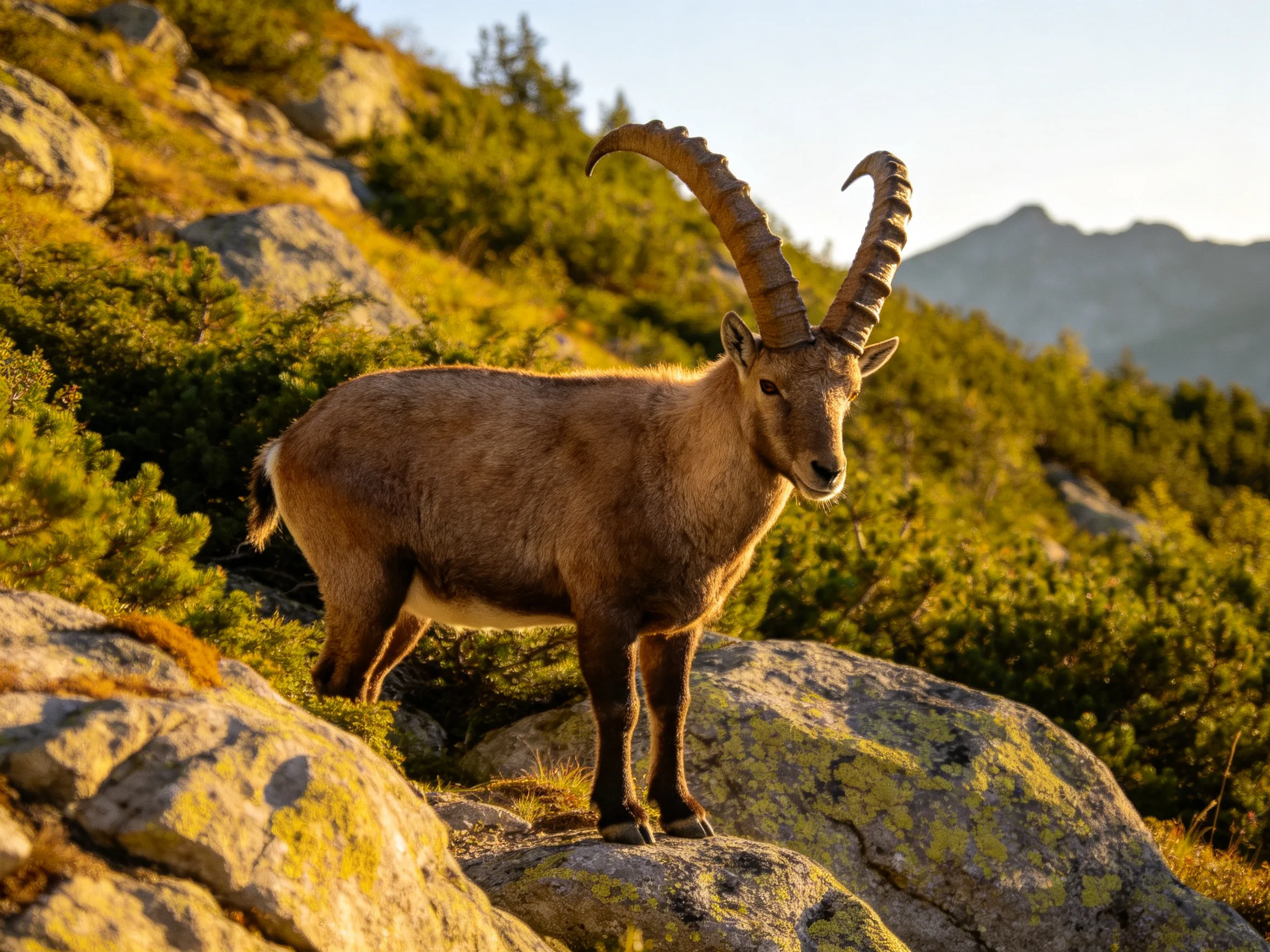 A brown ibex stands on moss-covered rocks among green shrubs under golden light