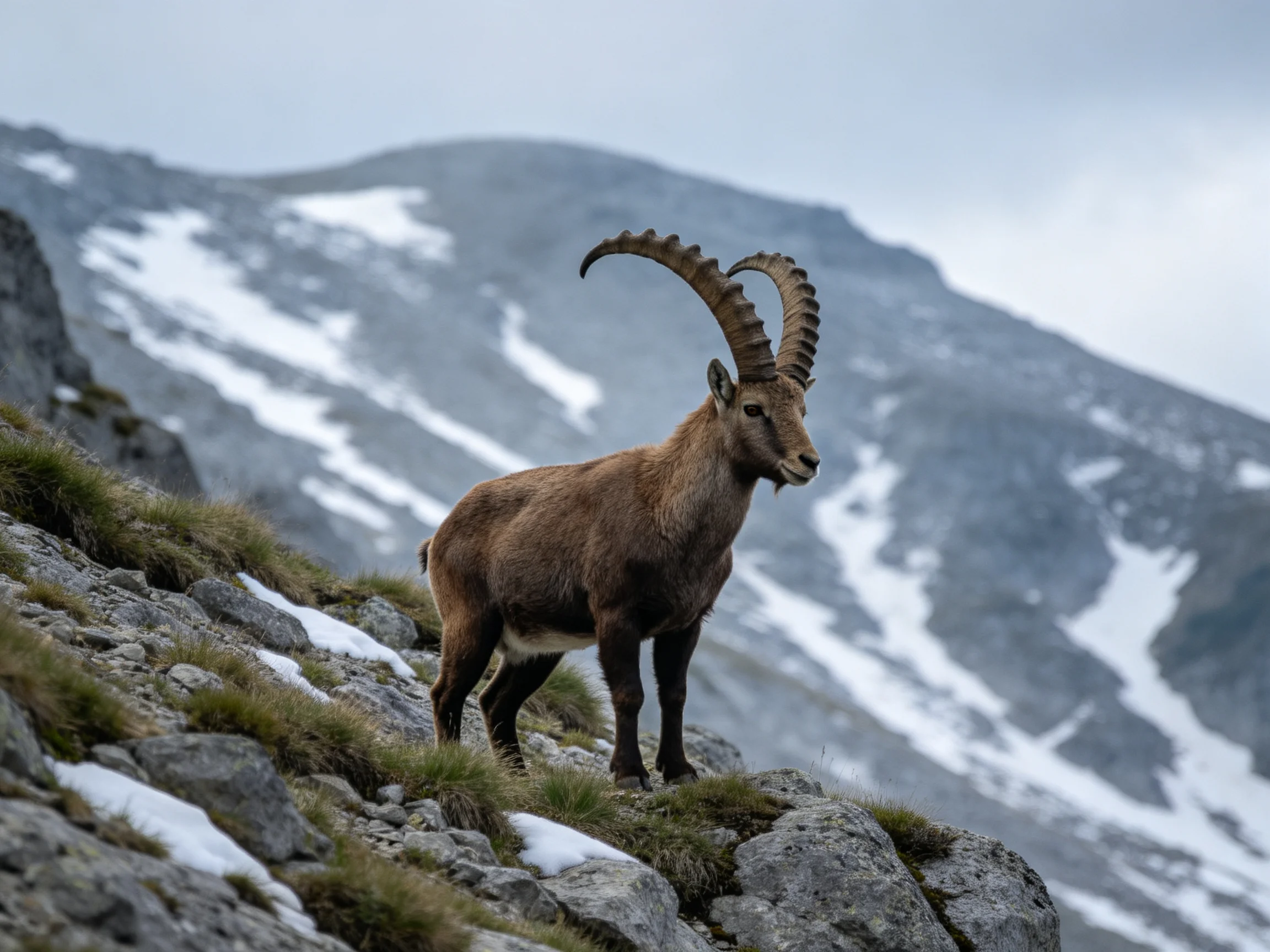 A brown ibex stands on rocky mountain slopes with snow-capped peaks