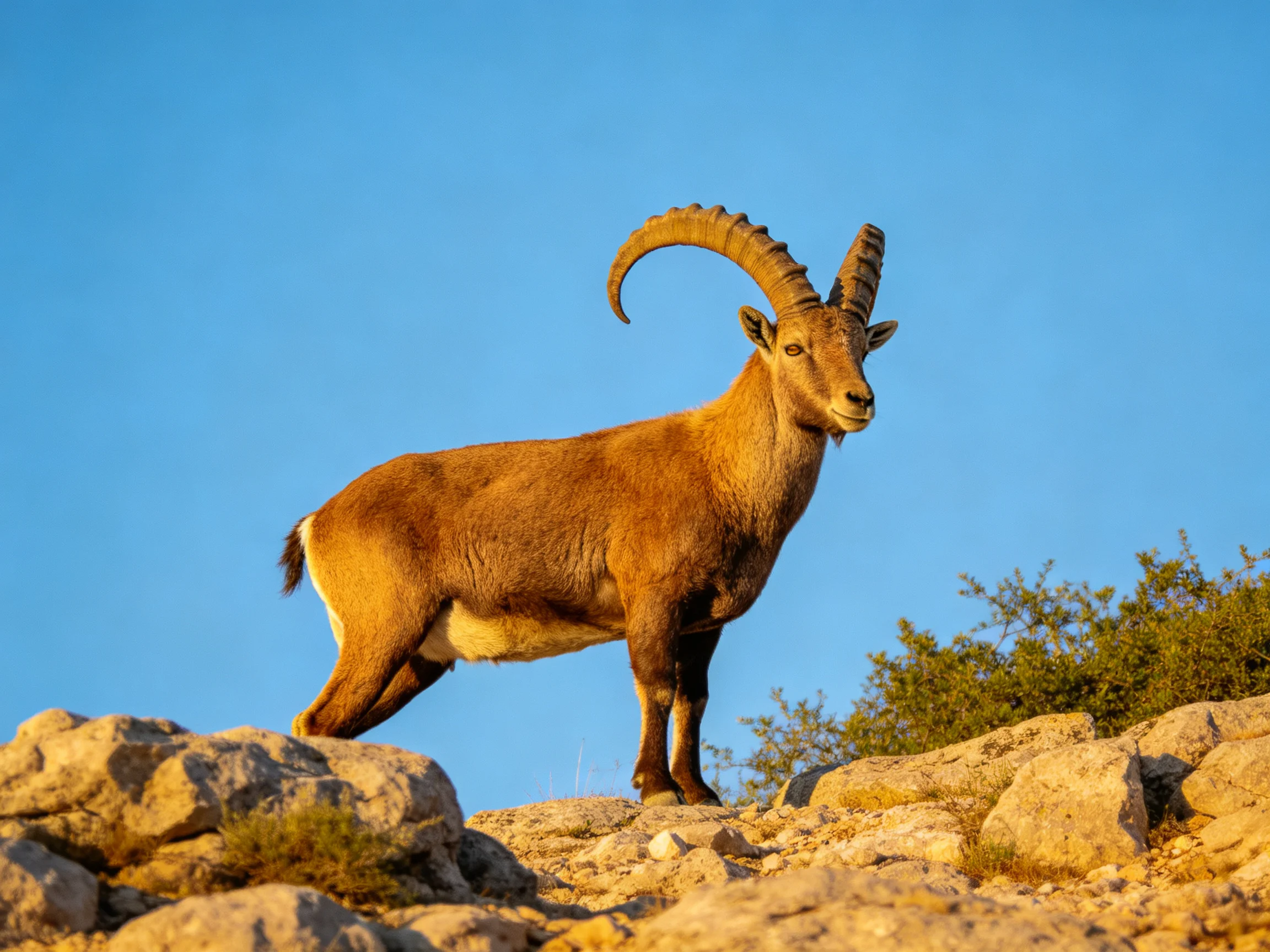 A brown ibex stands on rocky terrain under a clear blue sky