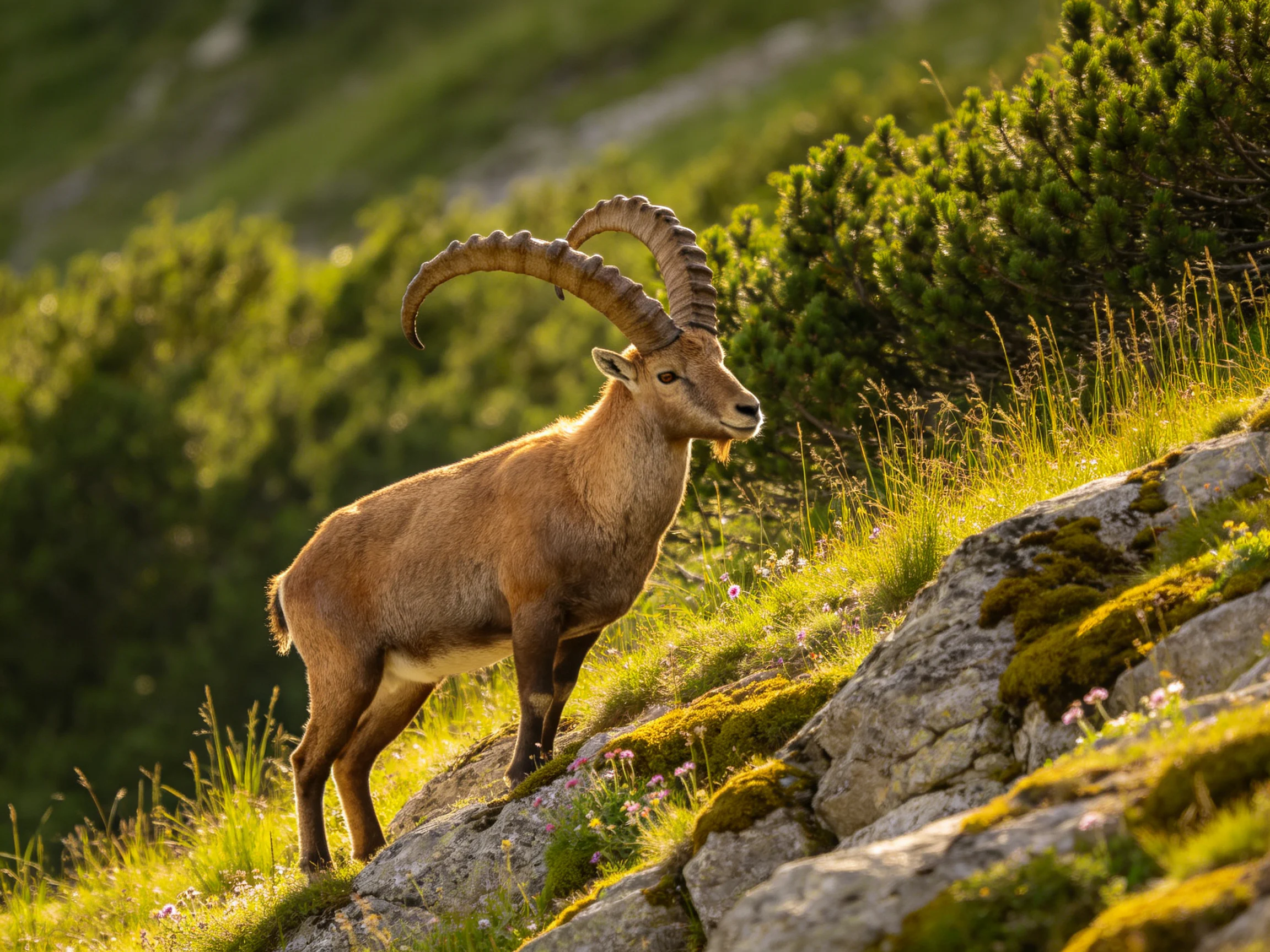 An ibex with large curved horns stands on a moss-covered rocky slope surrounded by green vegetation.