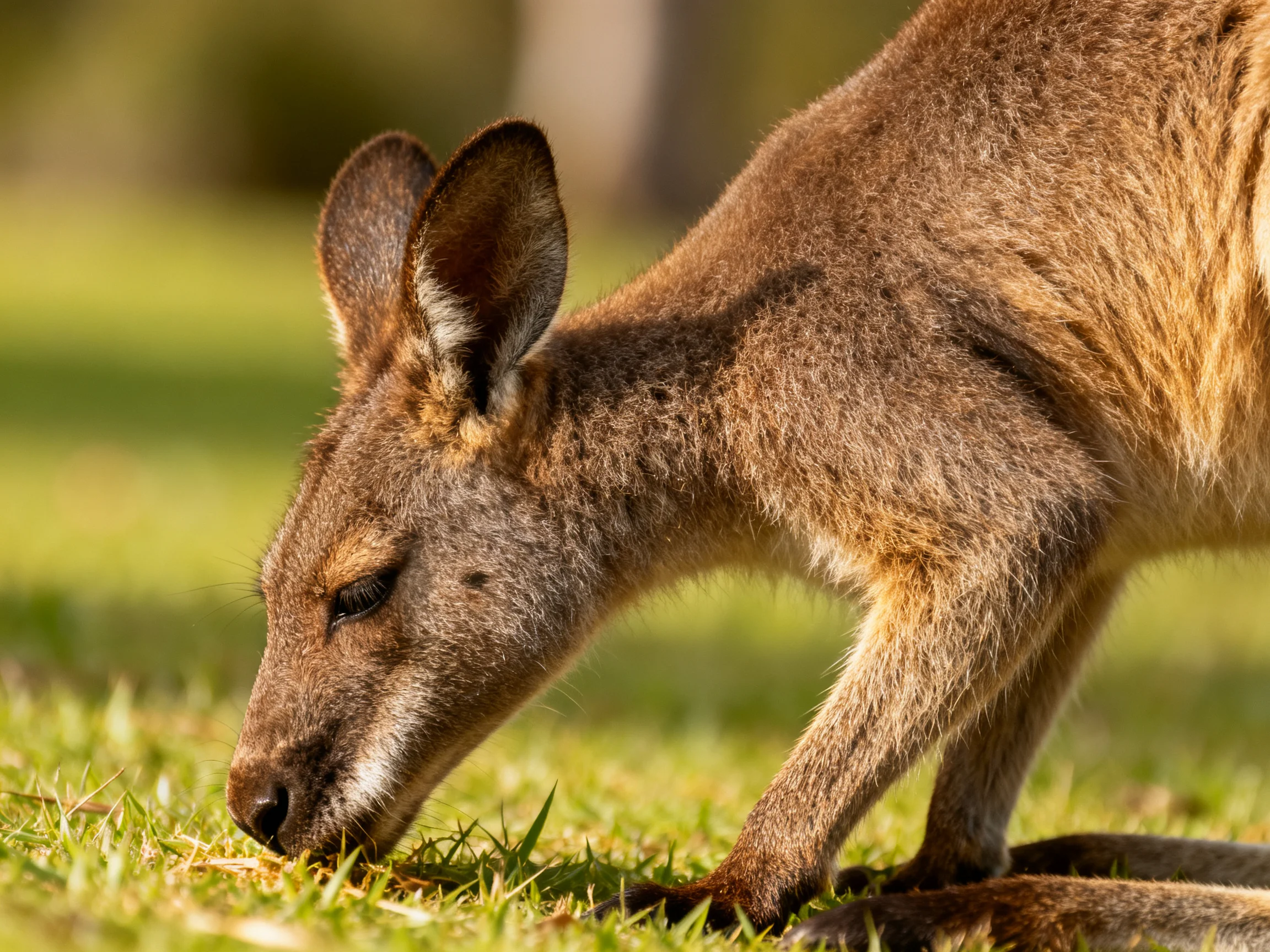 A brown kangaroo grazing on vibrant green grass under bright sunlight