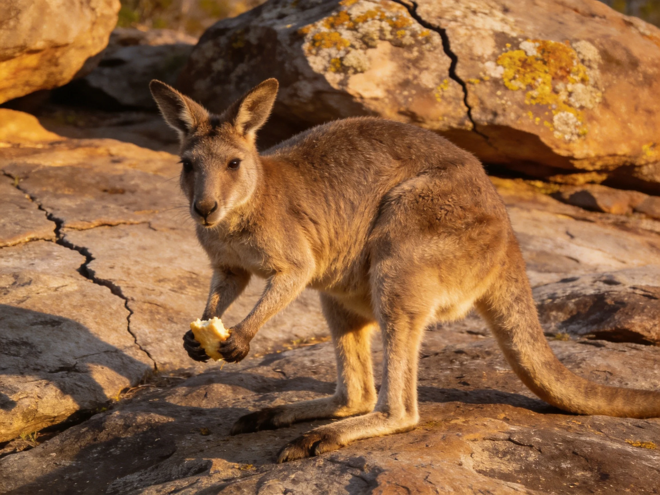 A brown kangaroo holds food on textured, lichen-covered rocks