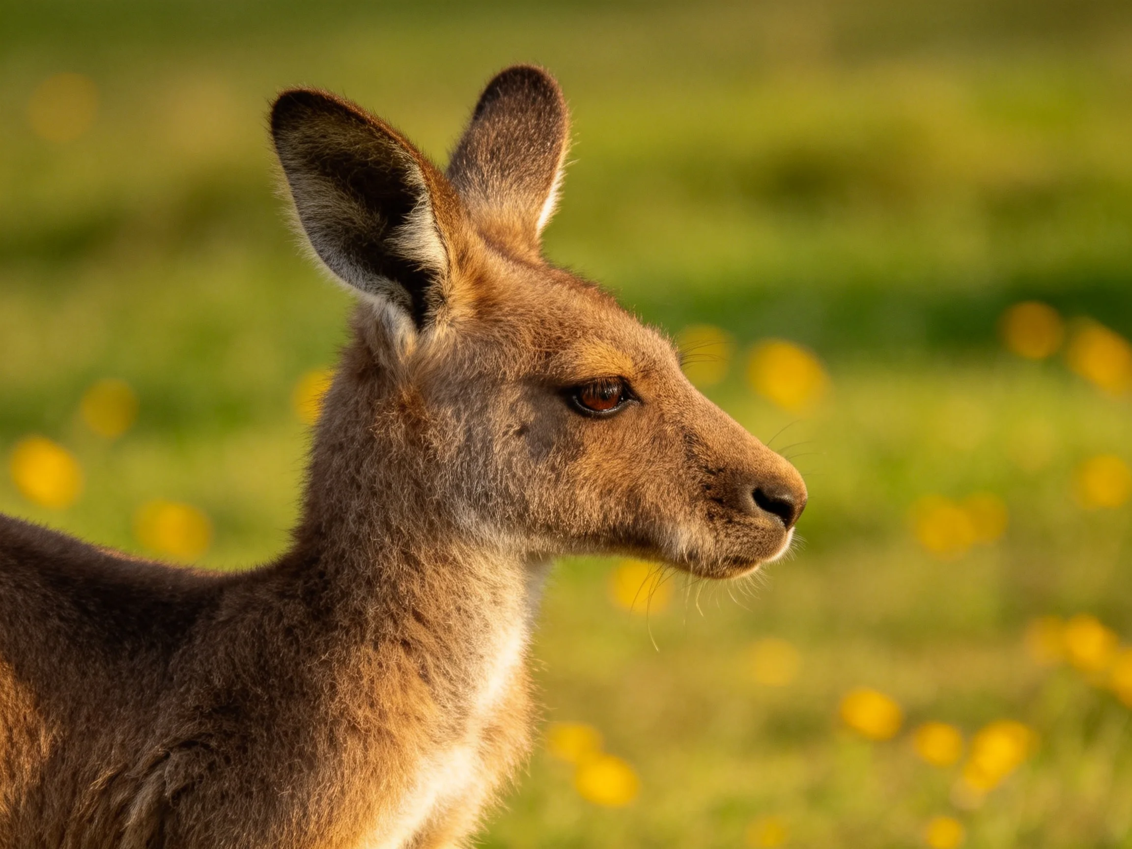 A brown kangaroo in a sunlit meadow with yellow wildflowers