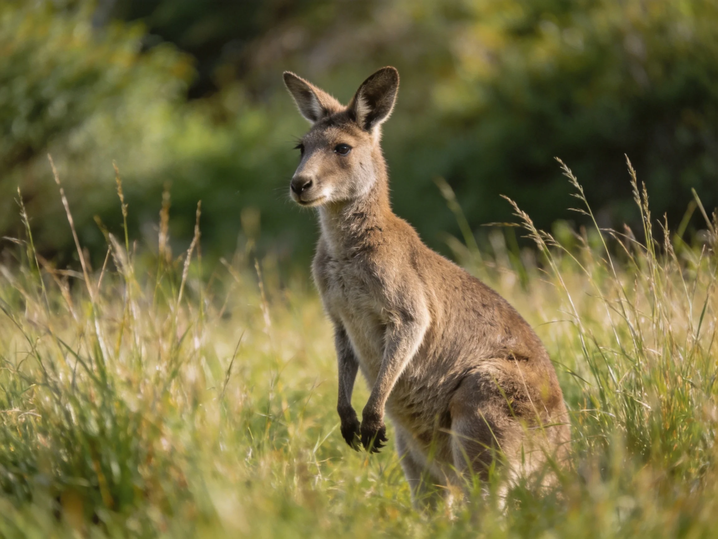 A brown kangaroo in tall green grass near trees