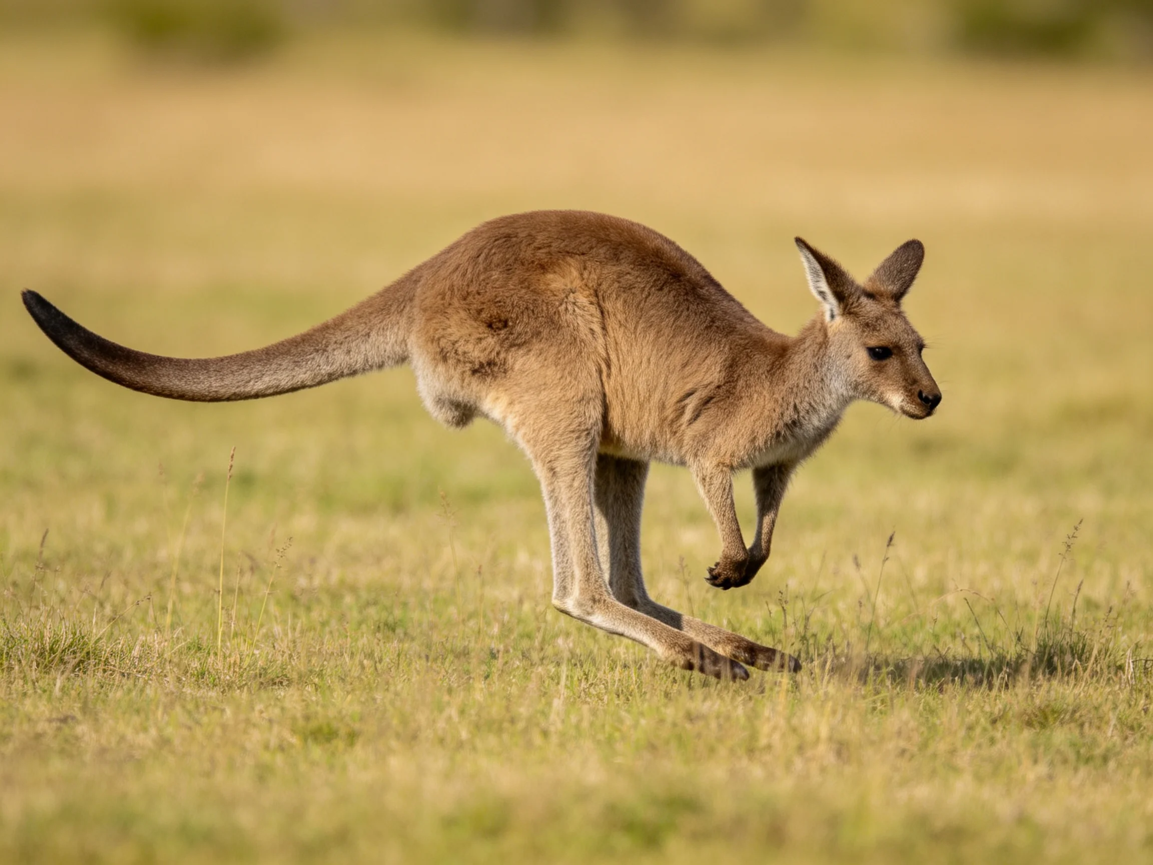 A brown kangaroo leaping across a sunlit grassy plain