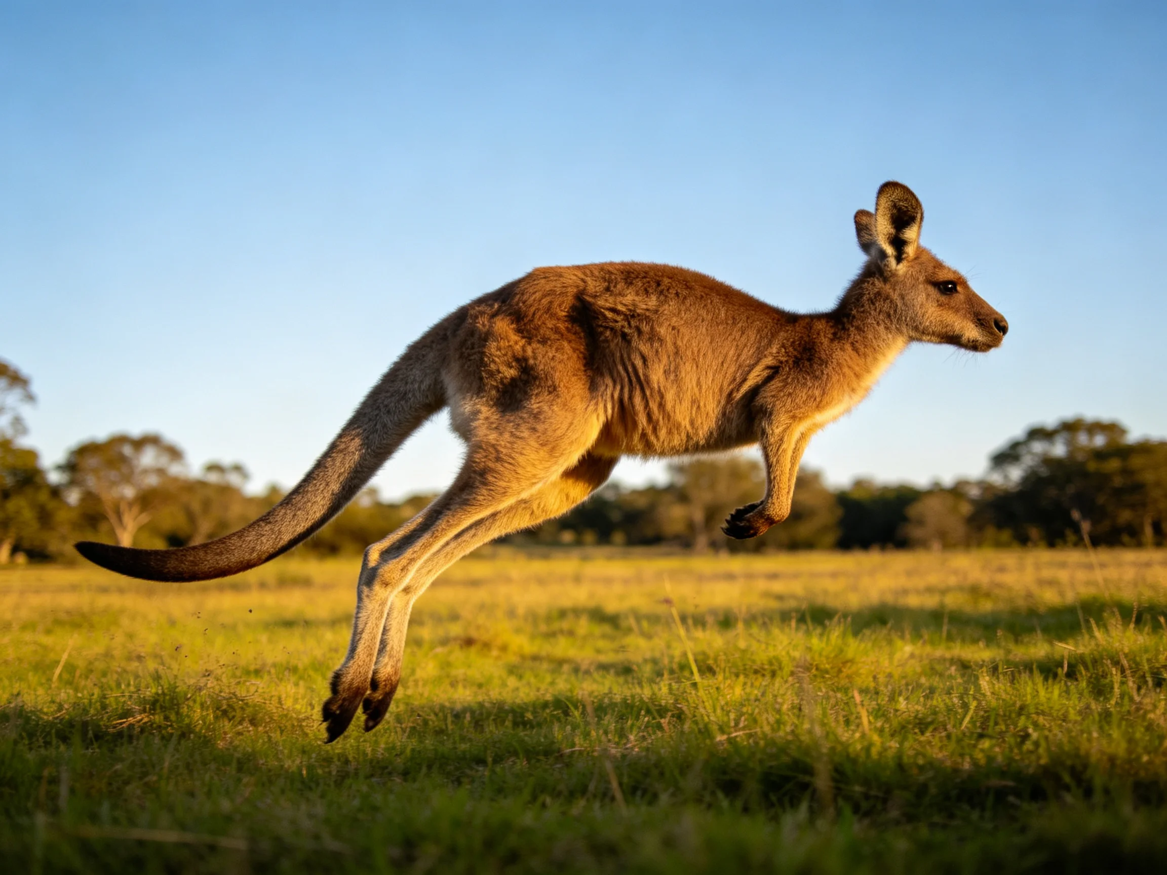 A kangaroo jumps mid-air over a sunlit grassy field.