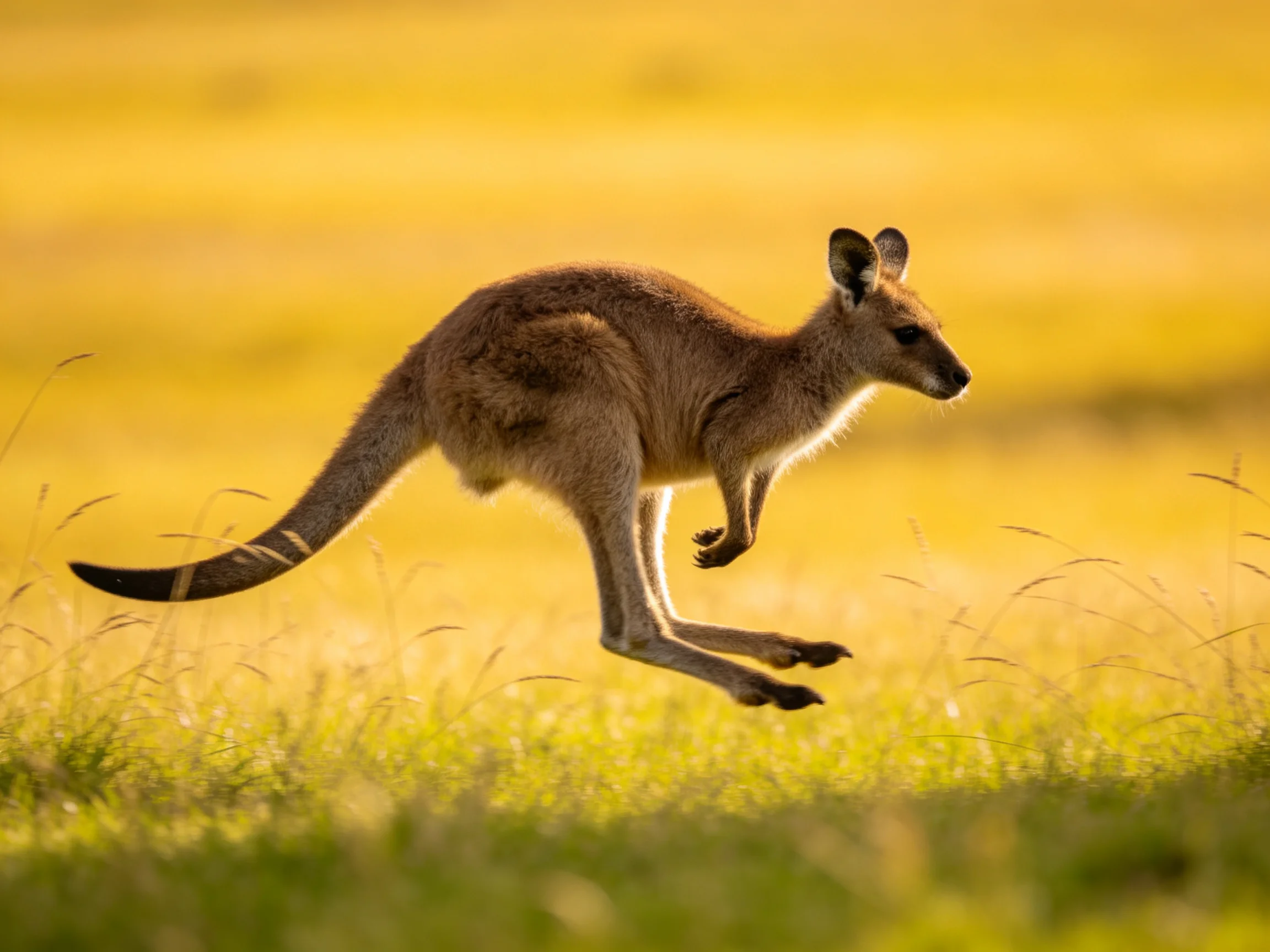 A brown kangaroo leaps through golden grassy terrain