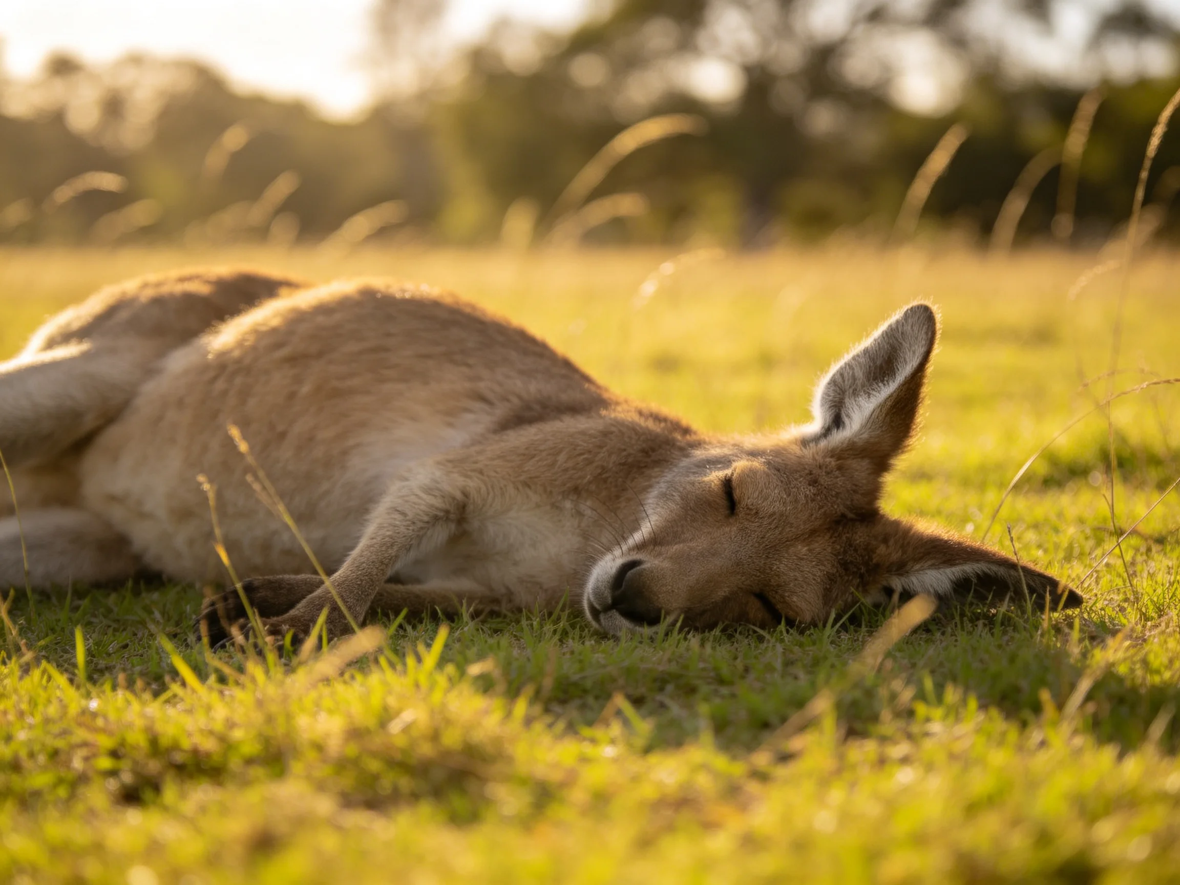 A brown kangaroo resting peacefully in a sunlit grassy field