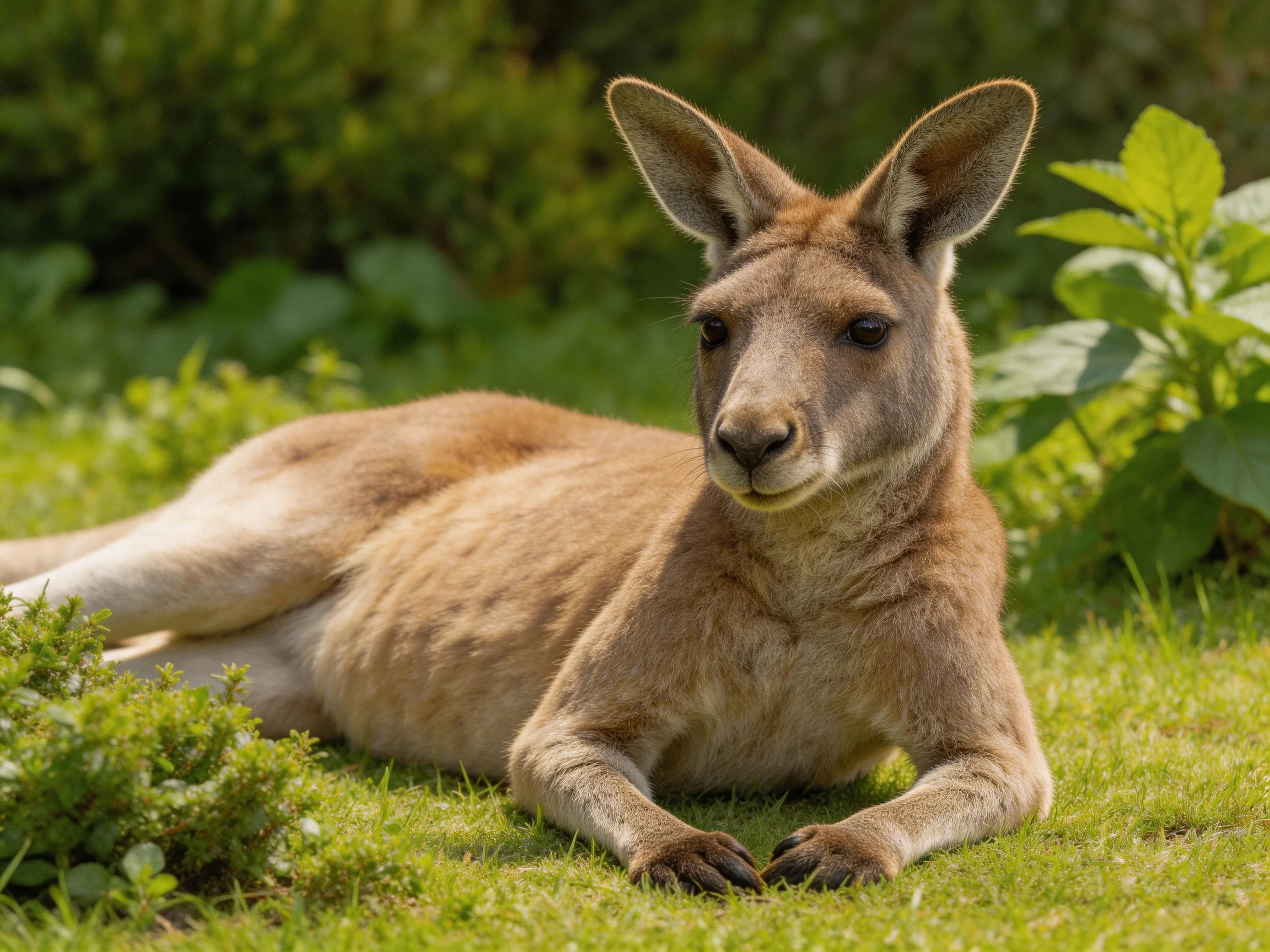 A brown kangaroo lies on green grass in a vegetated area.