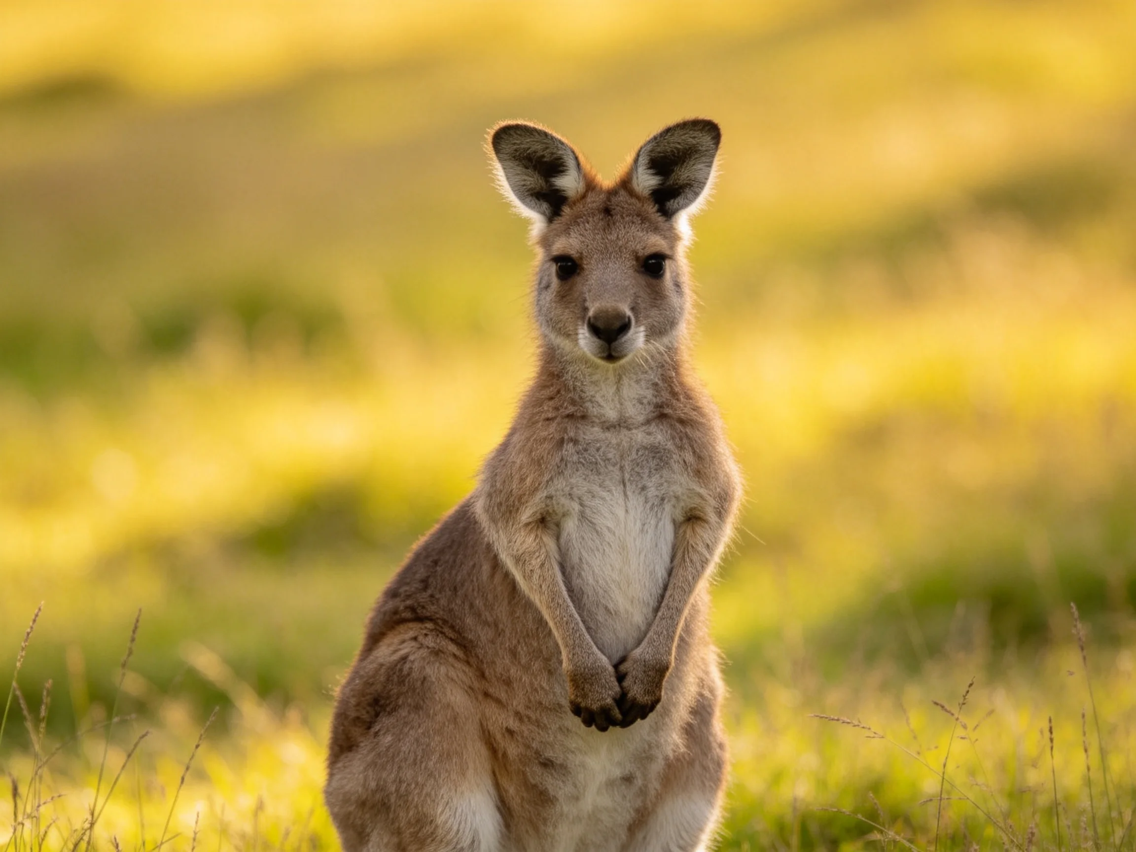 A brown kangaroo stands alert in a golden-hued meadow
