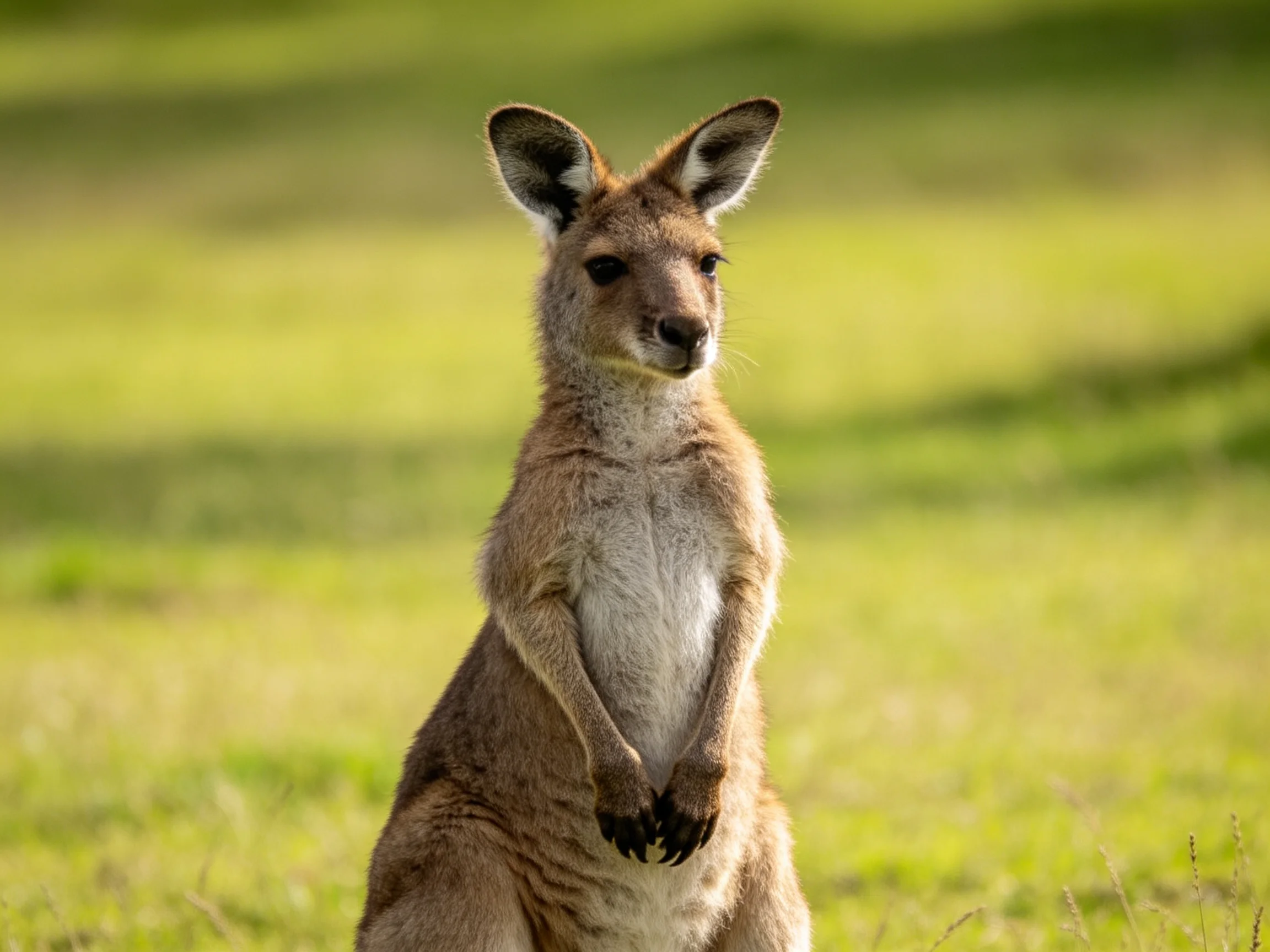 A brown kangaroo stands alert in a sunlit green meadow