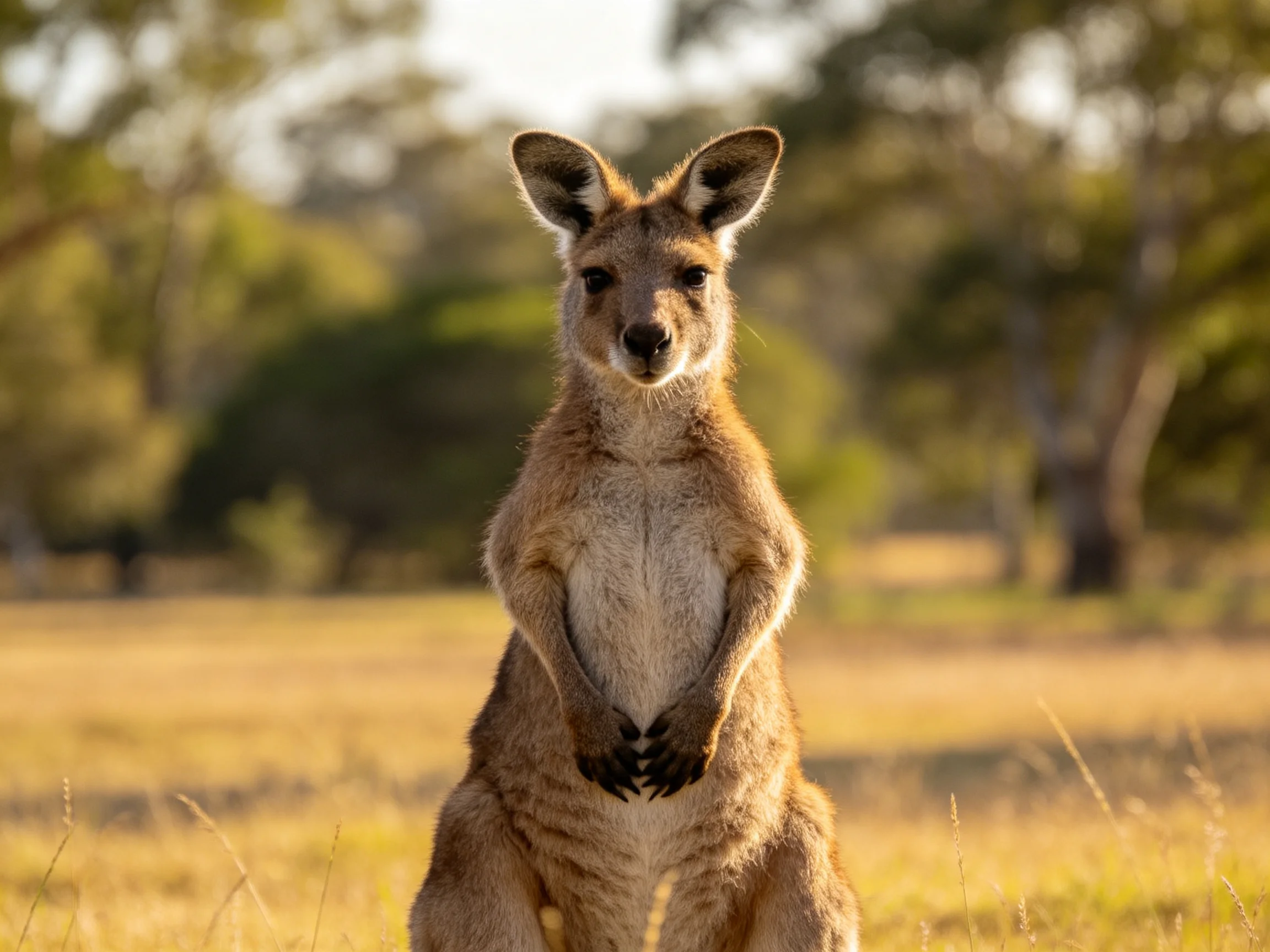 A brown kangaroo stands alert in an open golden field