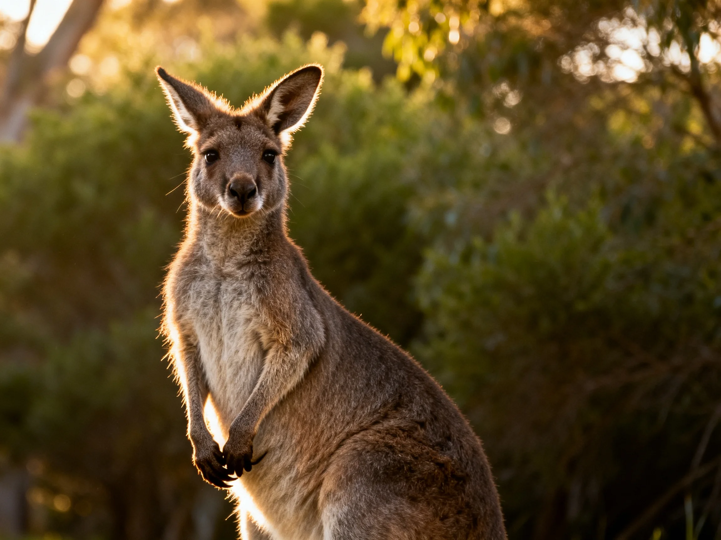 A brown kangaroo stands before green foliage with sunlight illuminating its form.