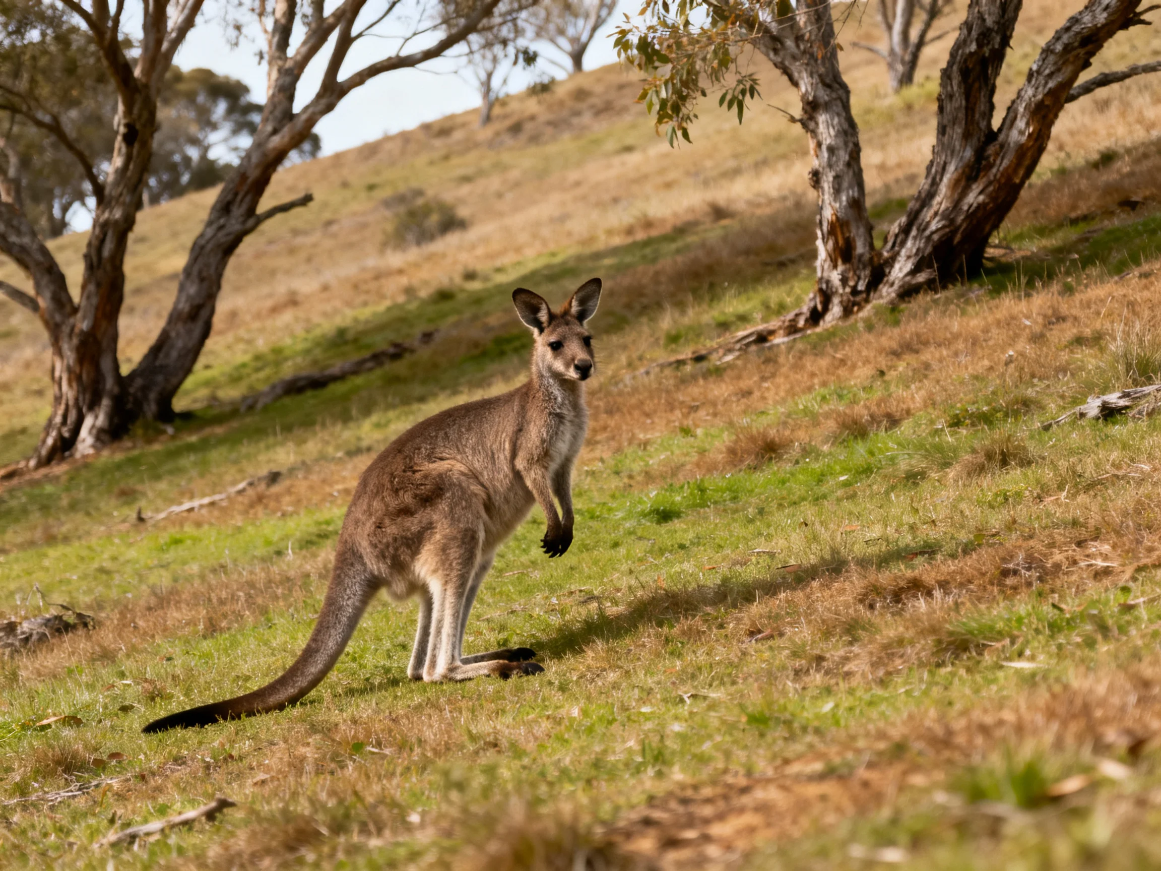 A brown kangaroo stands on a grassy hillside near twisted trees