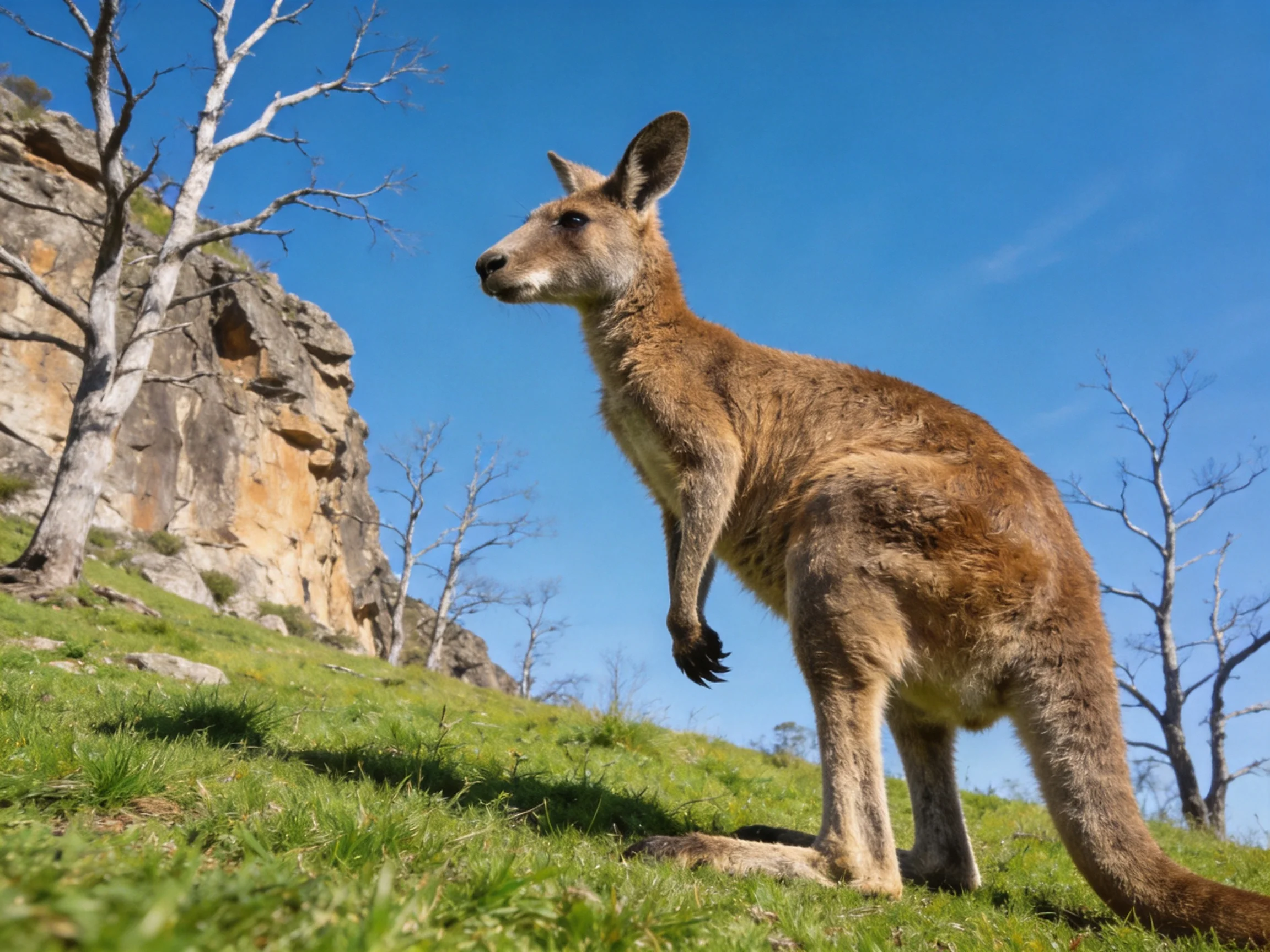 A brown kangaroo stands on a grassy hillside with rocky cliffs
