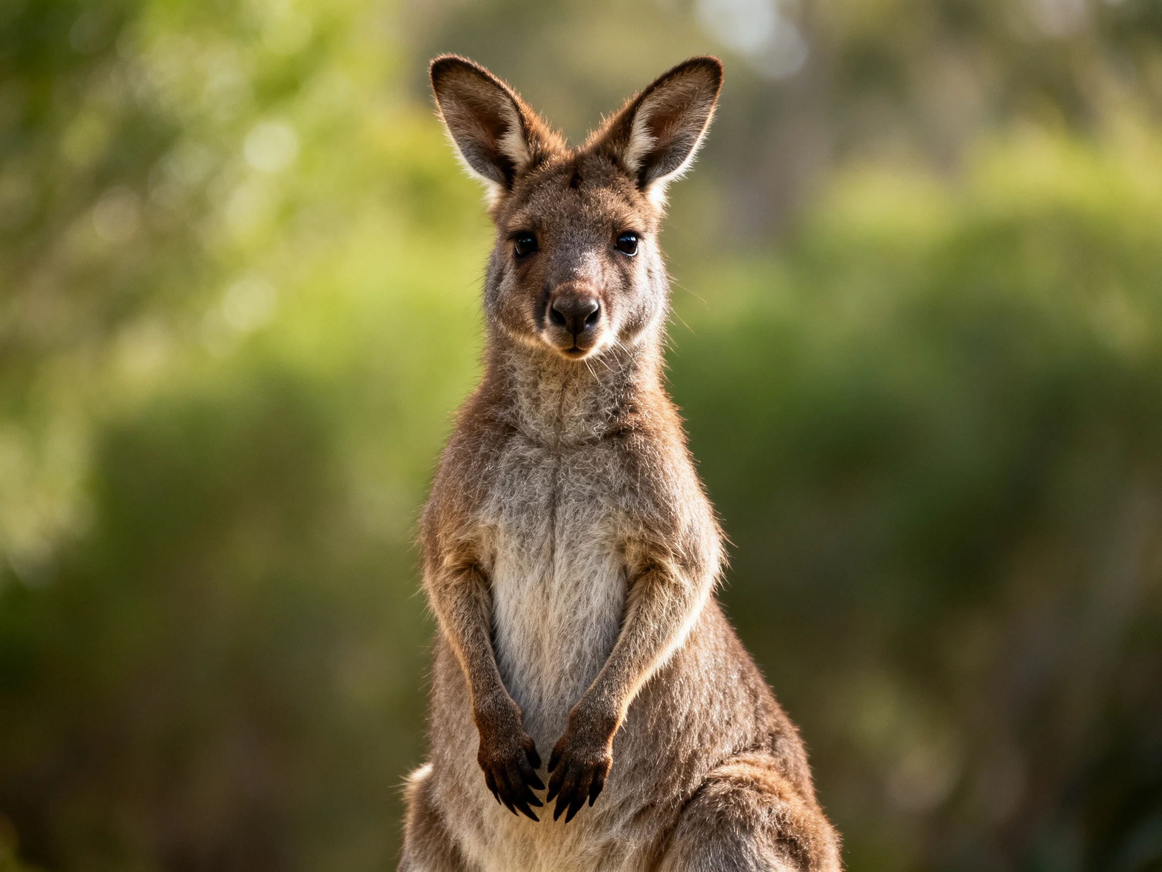 A brown kangaroo stands upright amid a blurred green forest backdrop