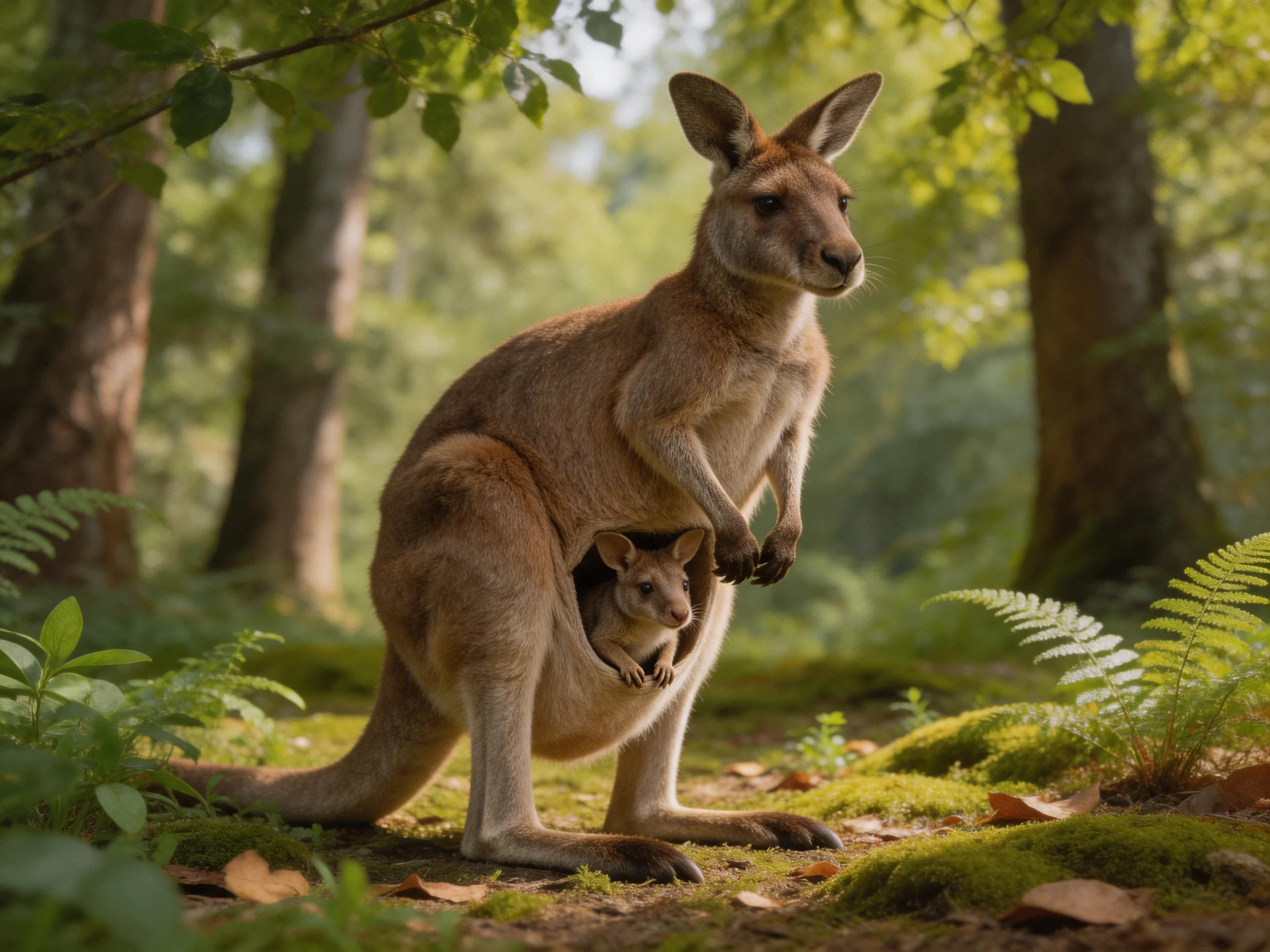 A brown kangaroo with a joey amidst lush greenery in a sunlit forest