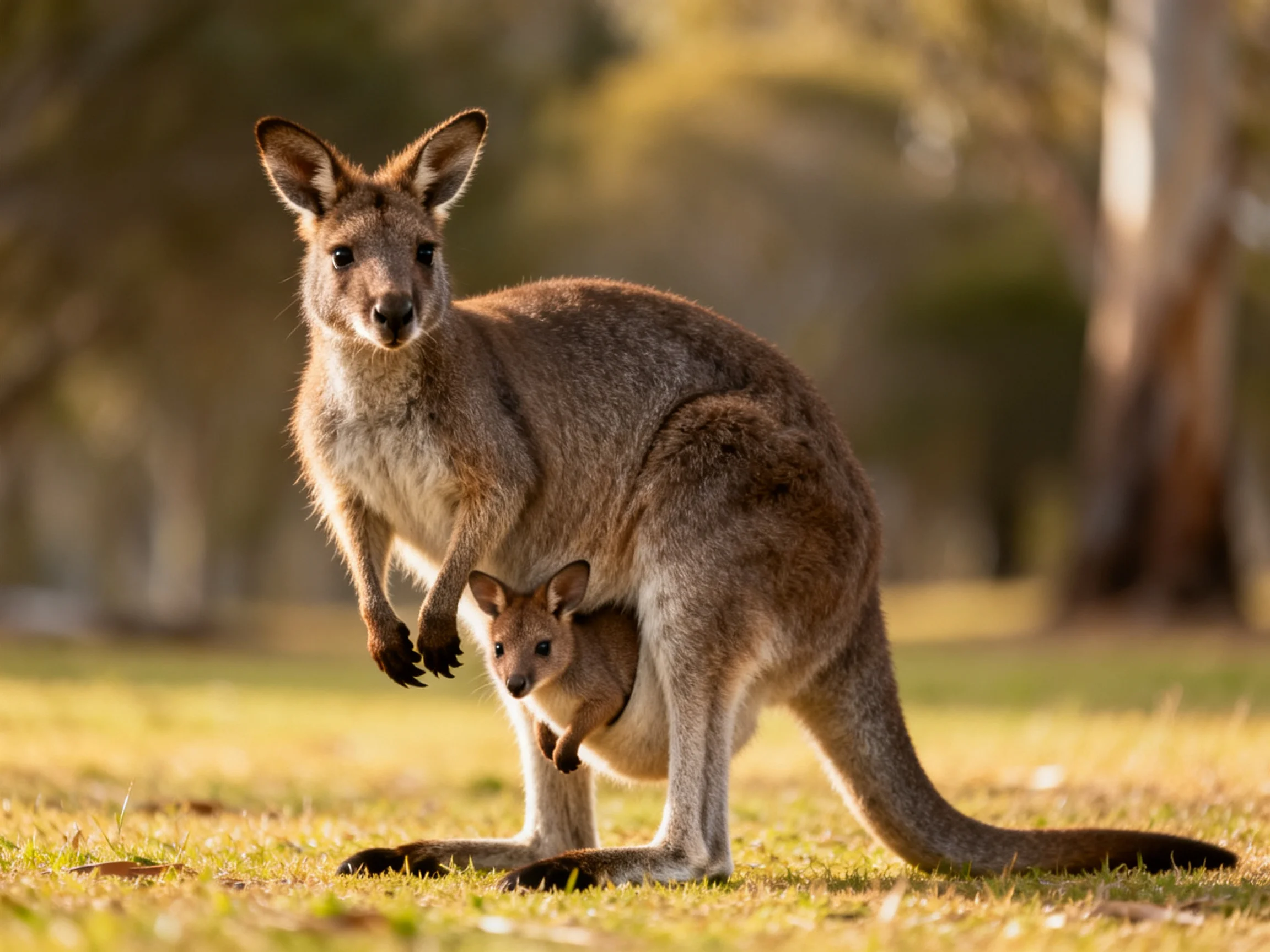 A brown kangaroo with a joey in its pouch on a grassy field