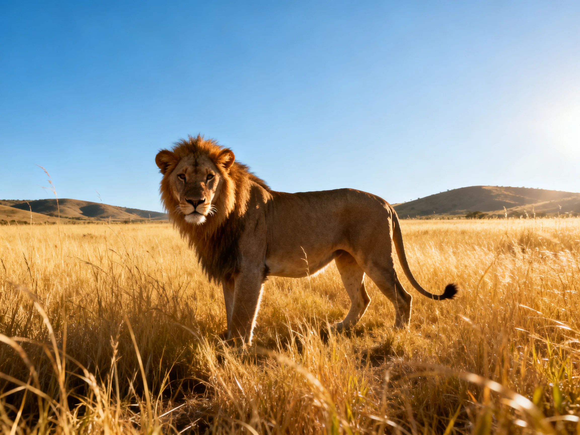A brown lion stands in golden savannah grass under clear blue sky