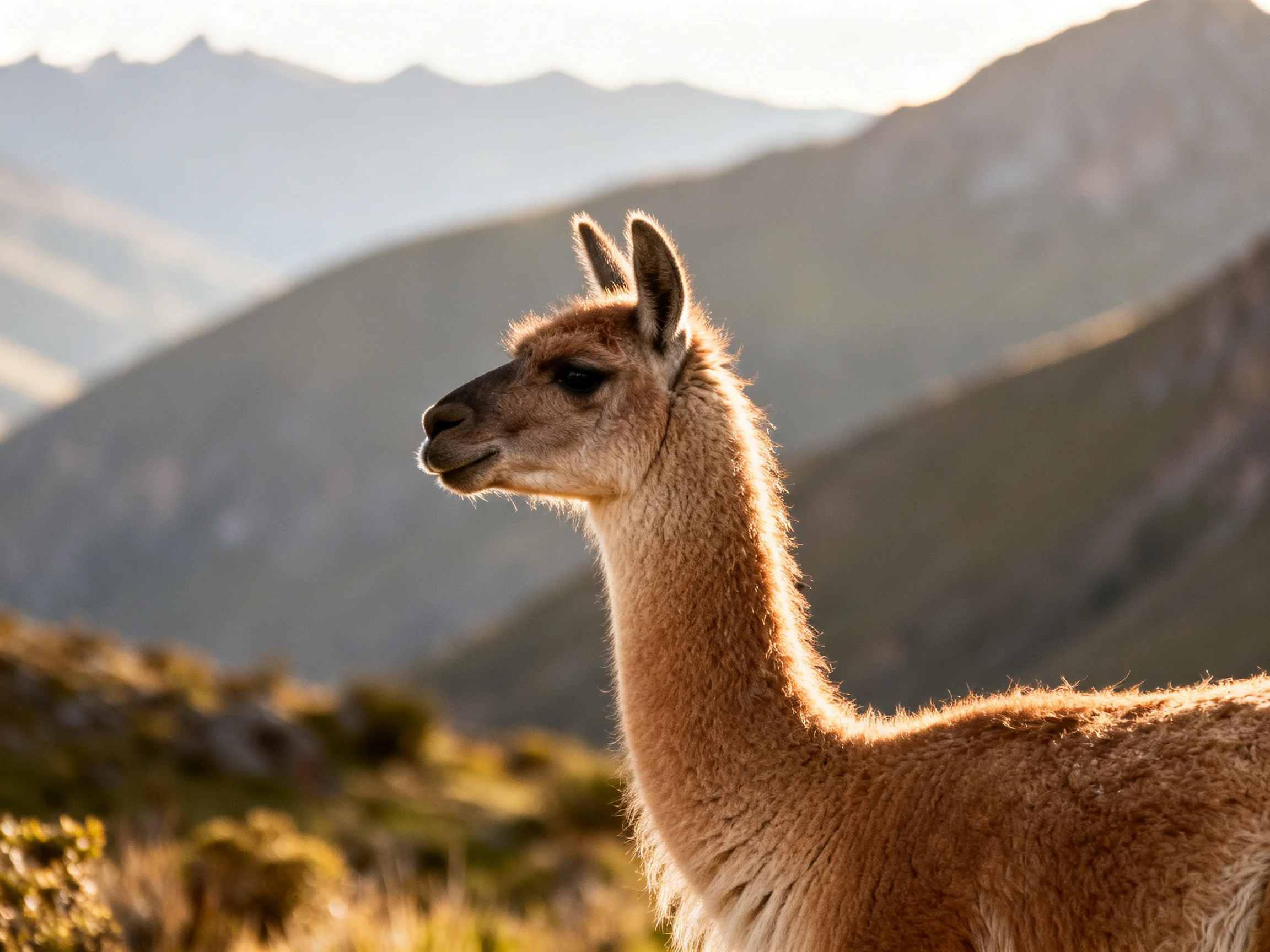 A brown llama stands in profile near misty, sunlit mountains.