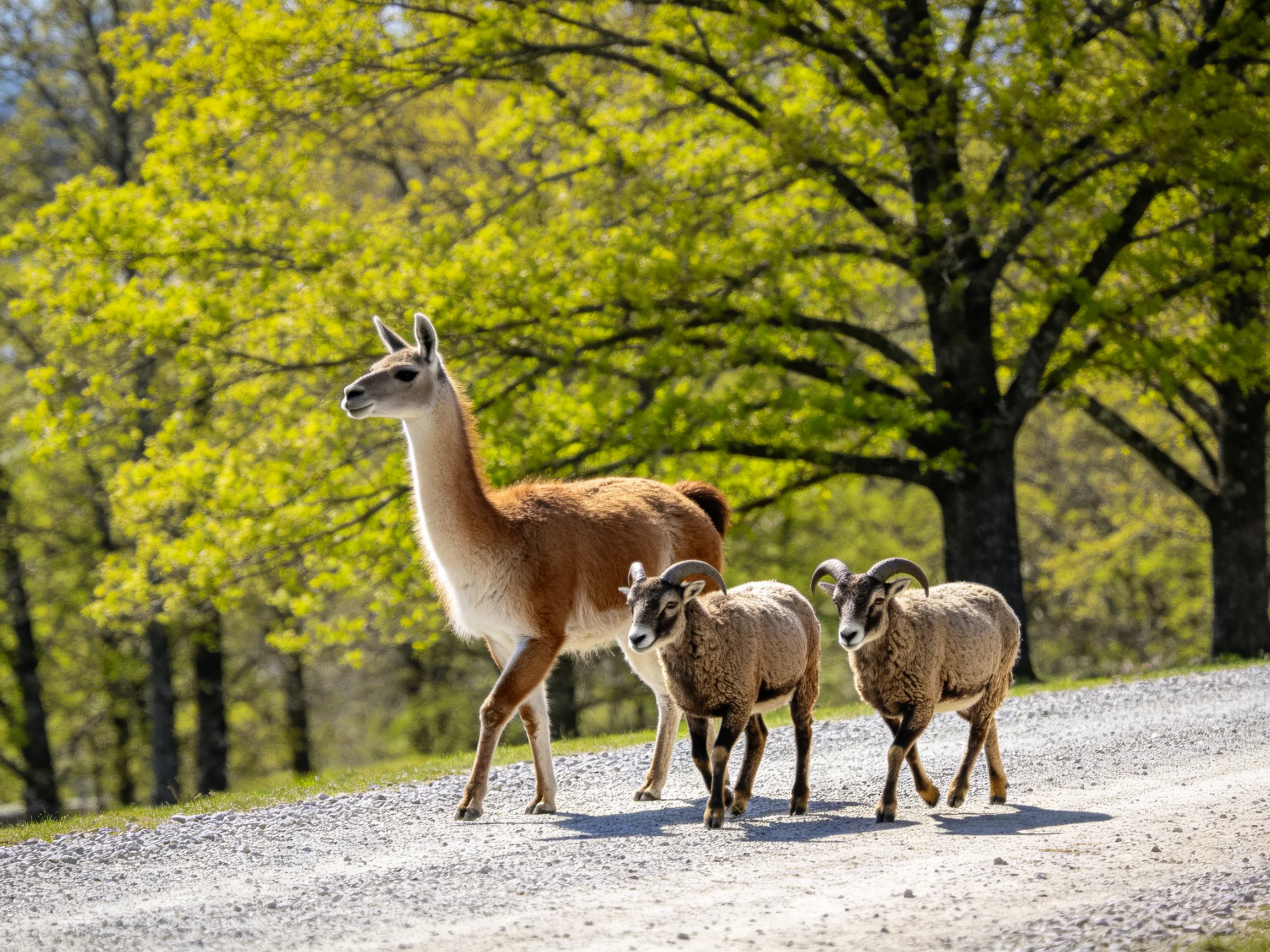 Three animals walk together on a sunlit gravel path near trees.