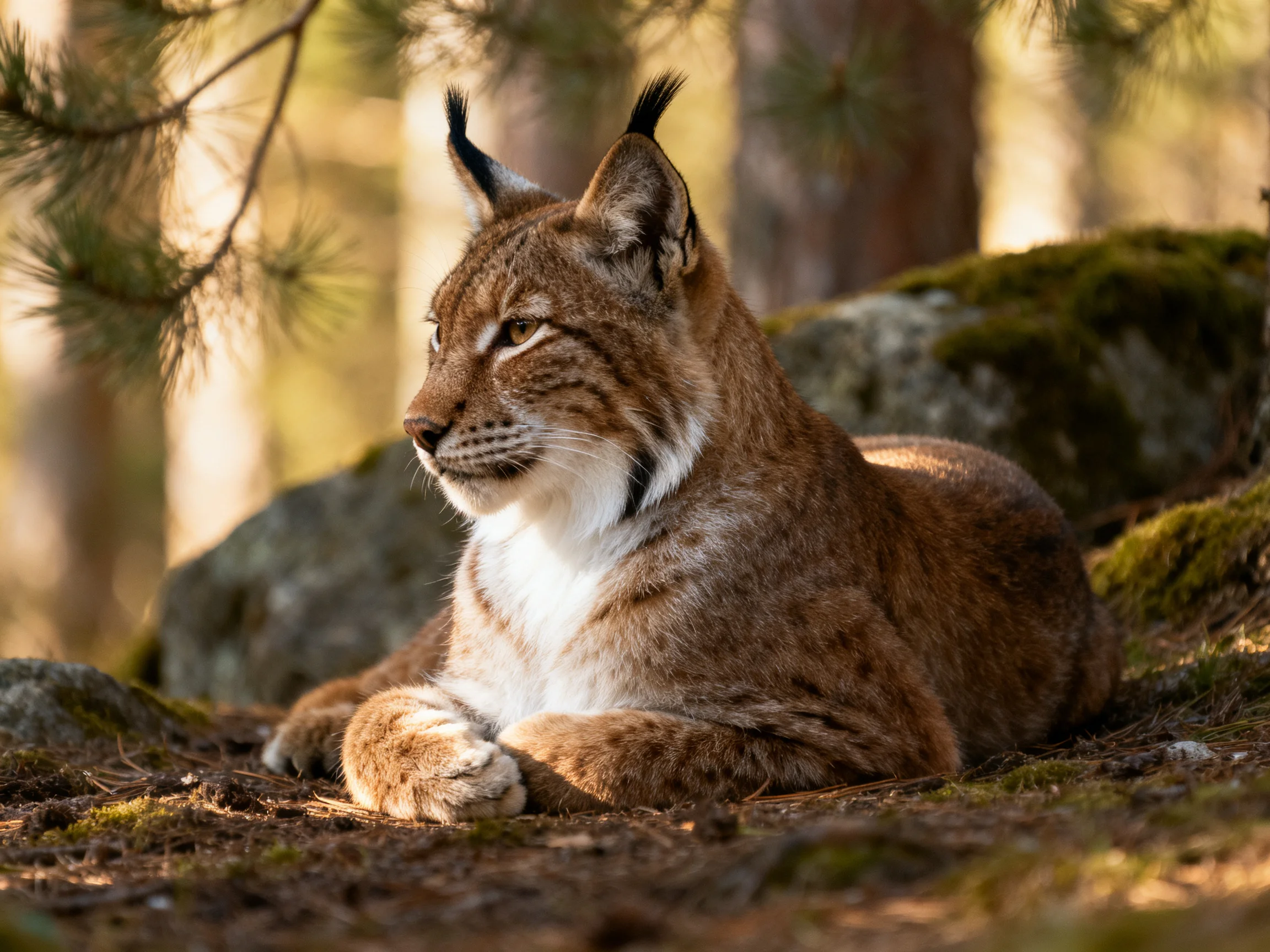 A brown lynx rests near mossy rocks in a sunlit forest