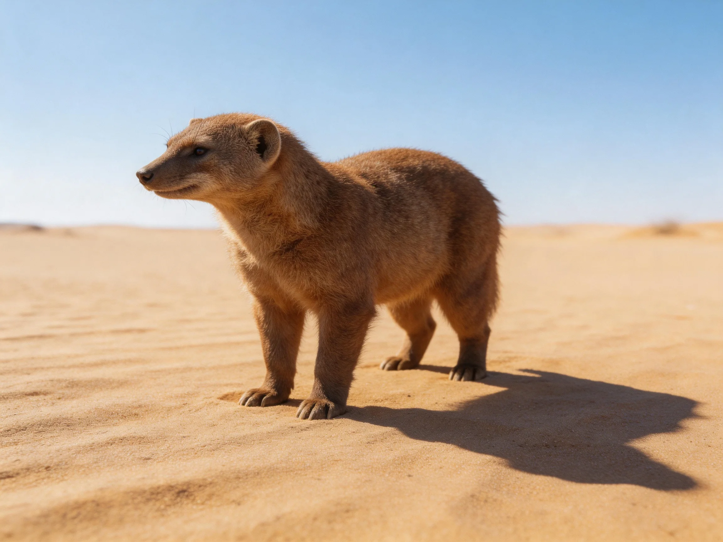 A brown mammal stands on sunlit golden sand dunes