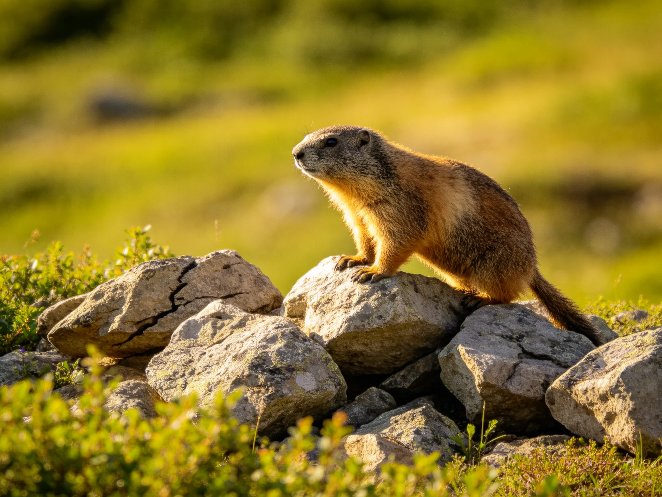 A brown marmot perched on gray rocks amidst green vegetation